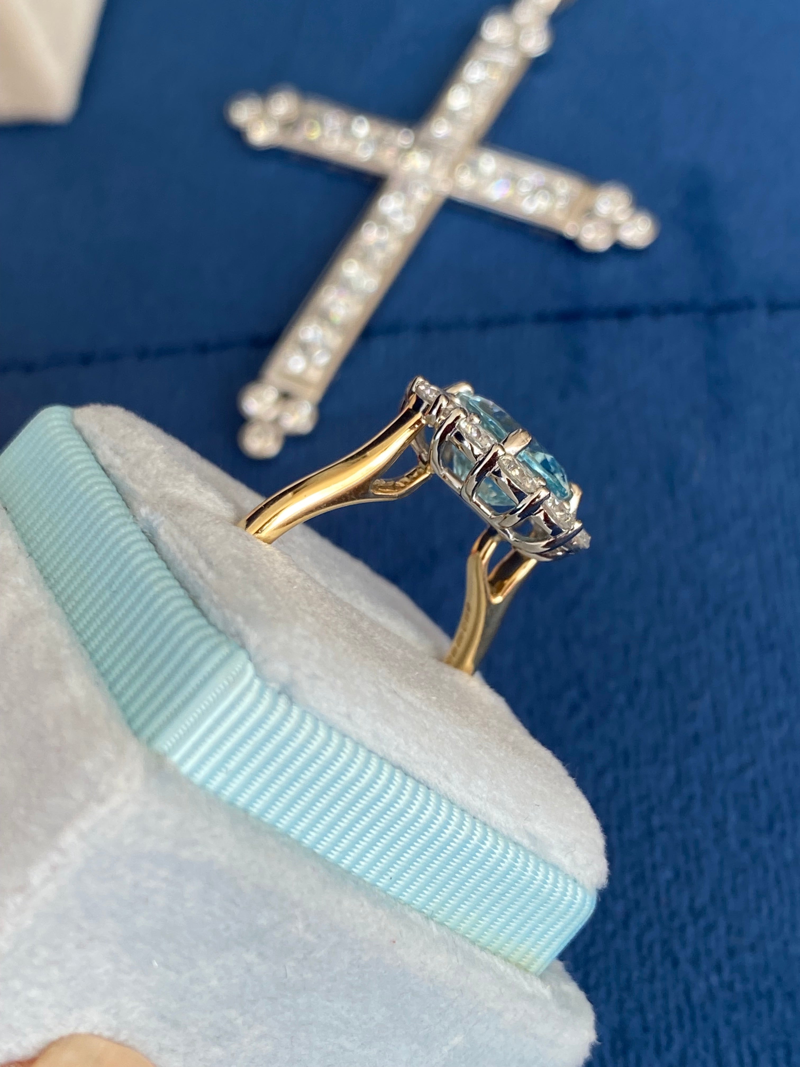 3.53 CTW Aquamarine and Natural Diamond Halo Ring in Platinum and 18ct Yellow Gold