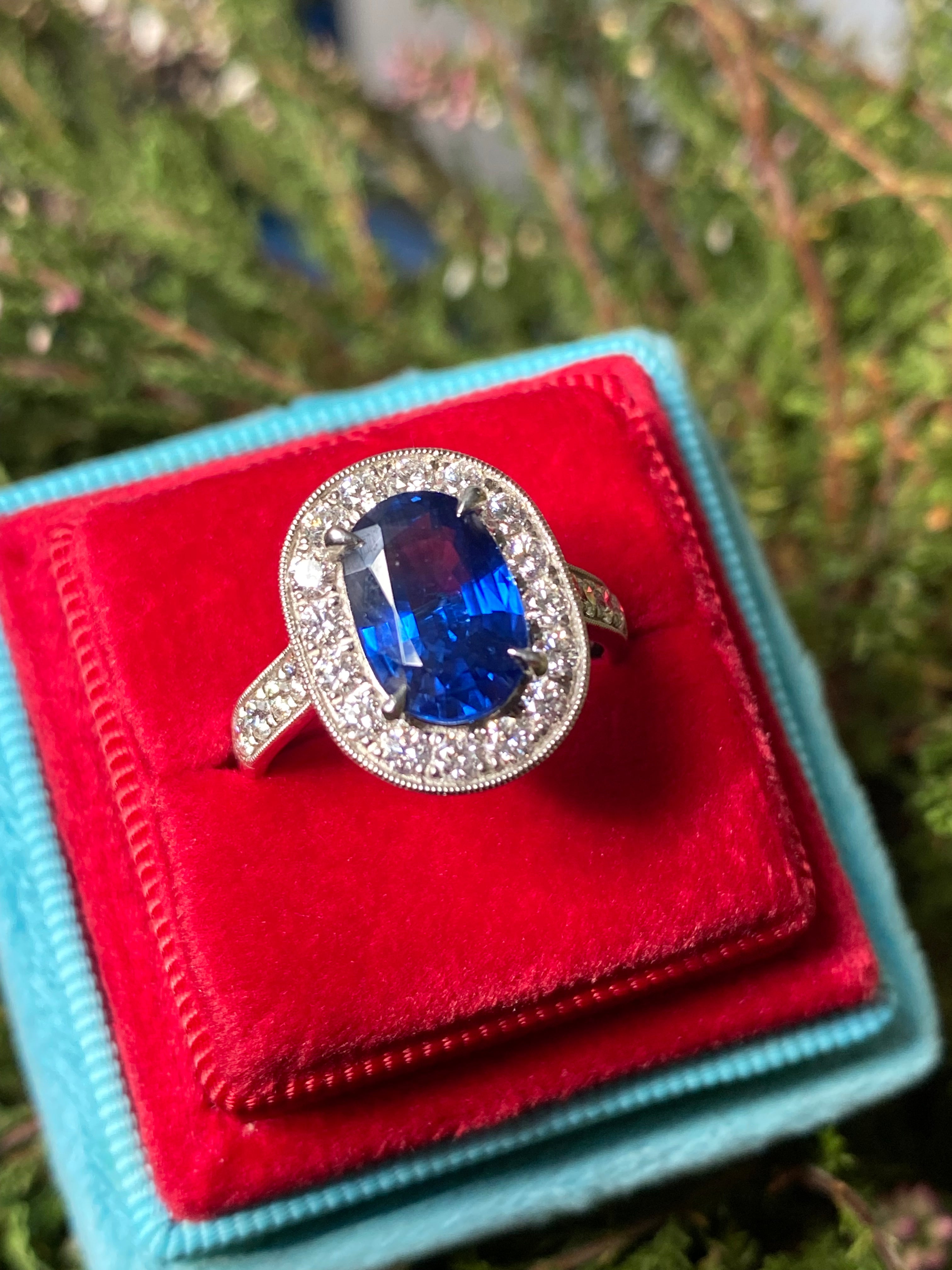 3.61 Carat Blue Ceylon Sapphire and Natural Diamond Halo Ring in Platinum