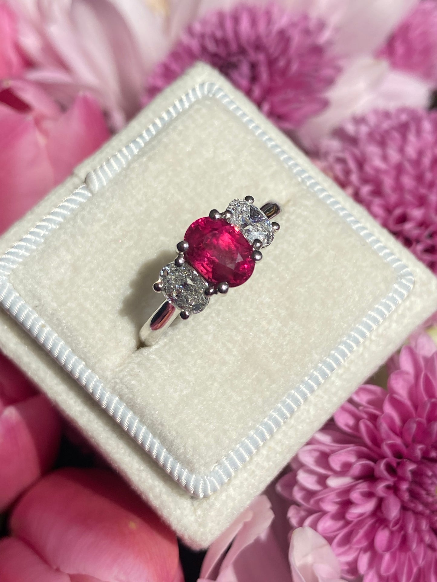 1.34 Carat Ruby and 0.66 Natural Diamond Three Stone Ring in Platinum