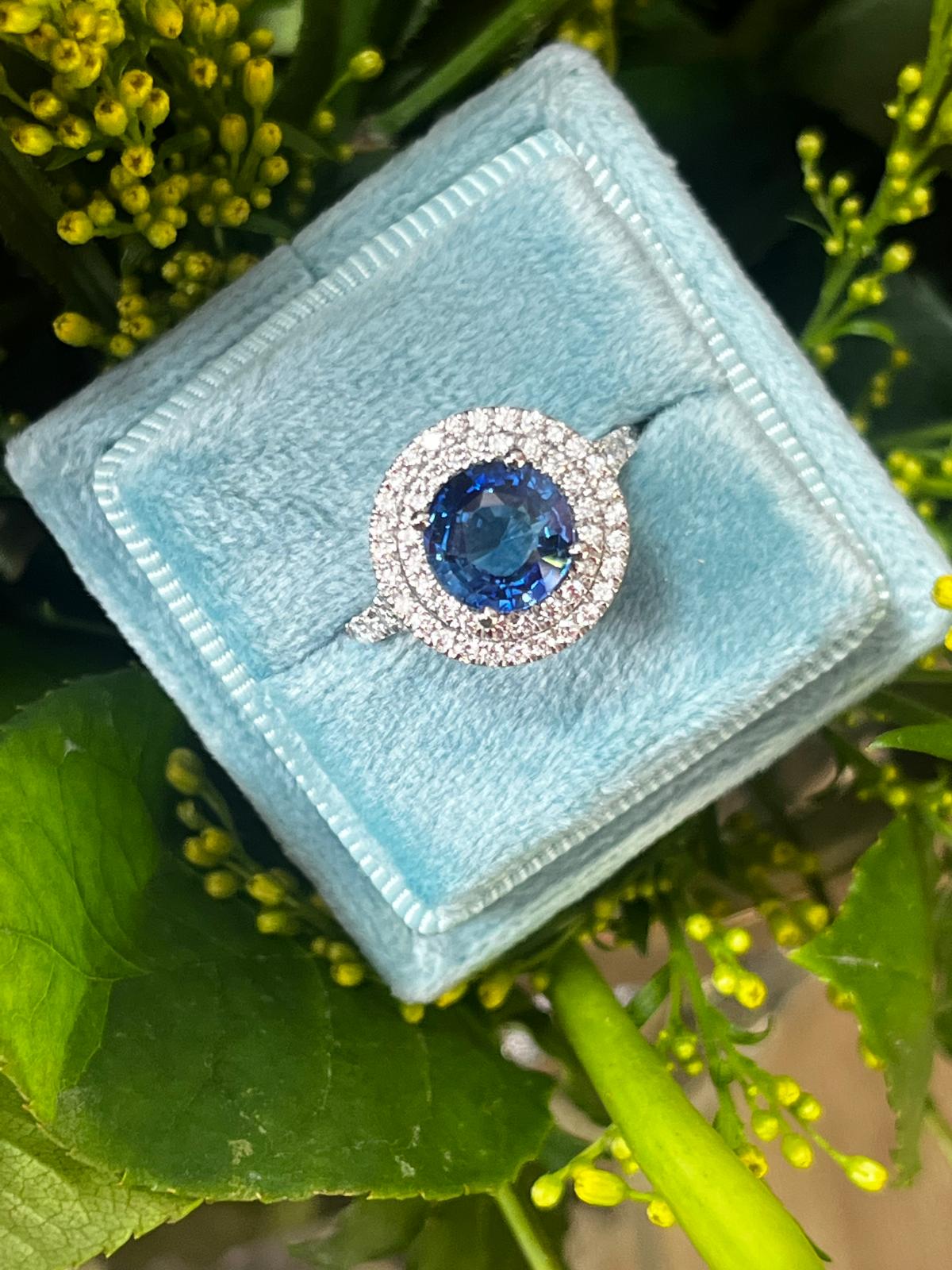 2.56 CTW Blue Ceylon Sapphire and Natural Diamond Double Halo Ring in Platinum