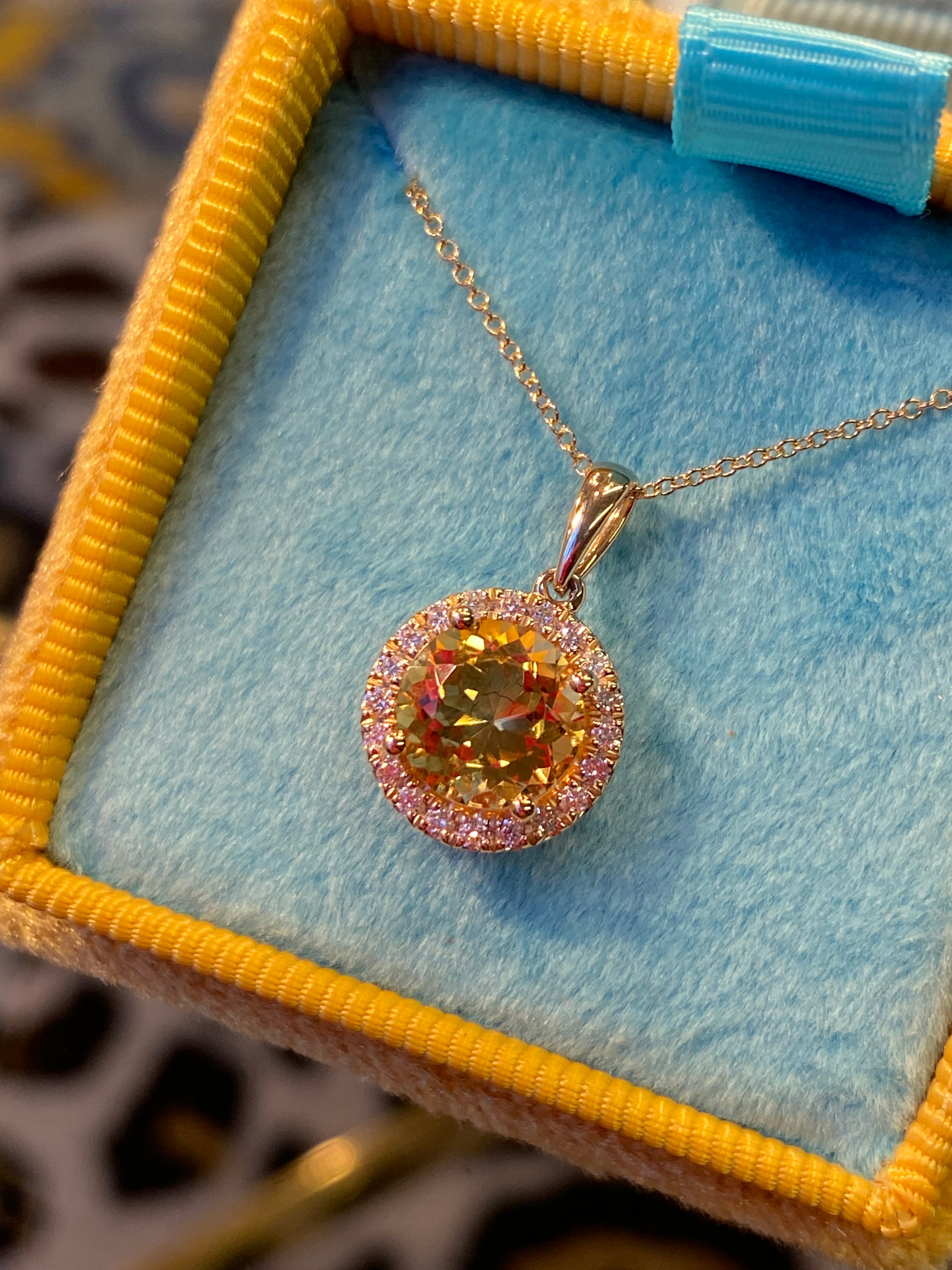 Round Cut Citrine and Natural Diamond Pendant Necklace in 9ct Yellow Gold