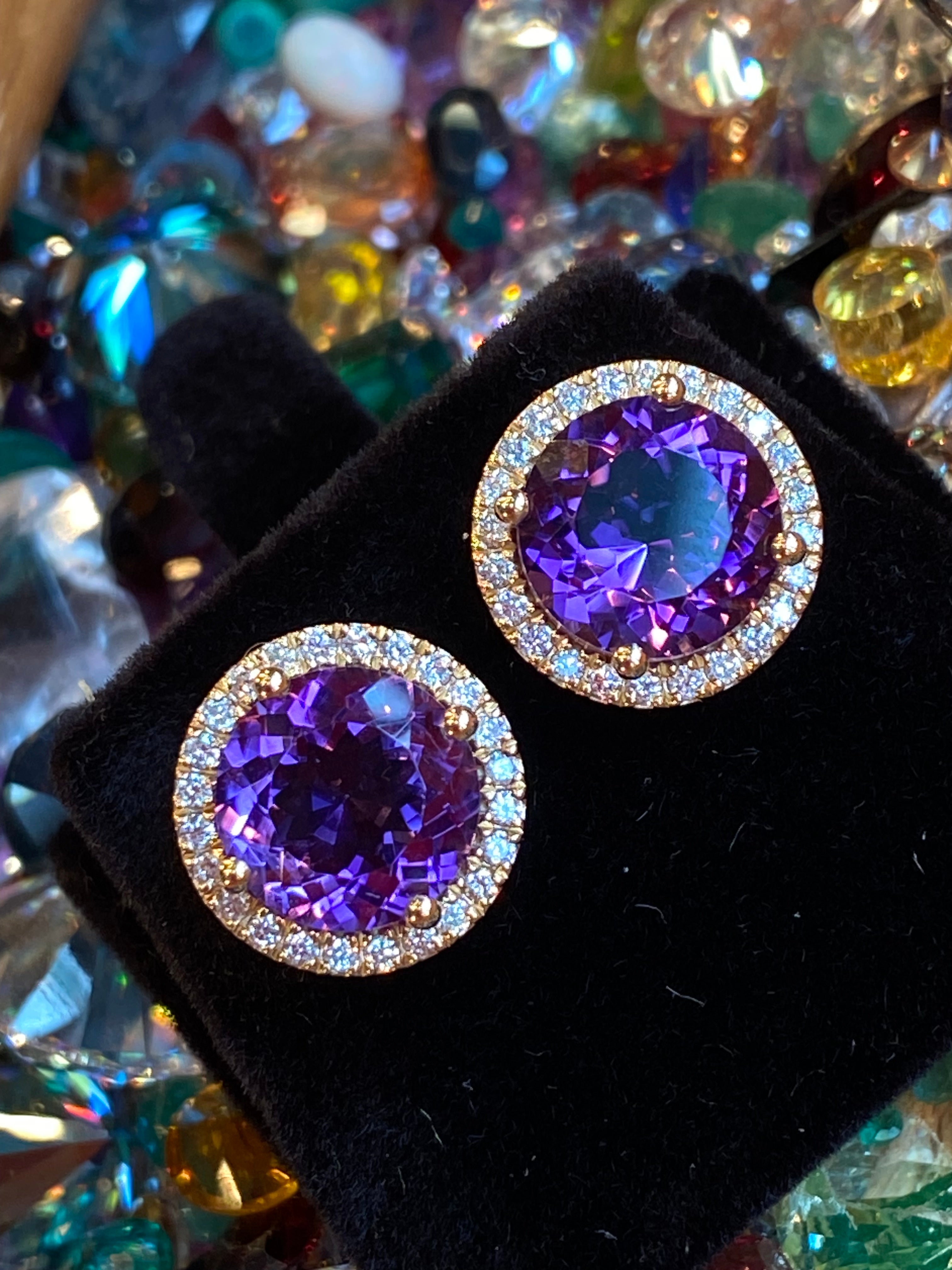 5.28 CTW Amethyst Natural Diamond Halo Stud Earrings in 9ct Yellow Gold