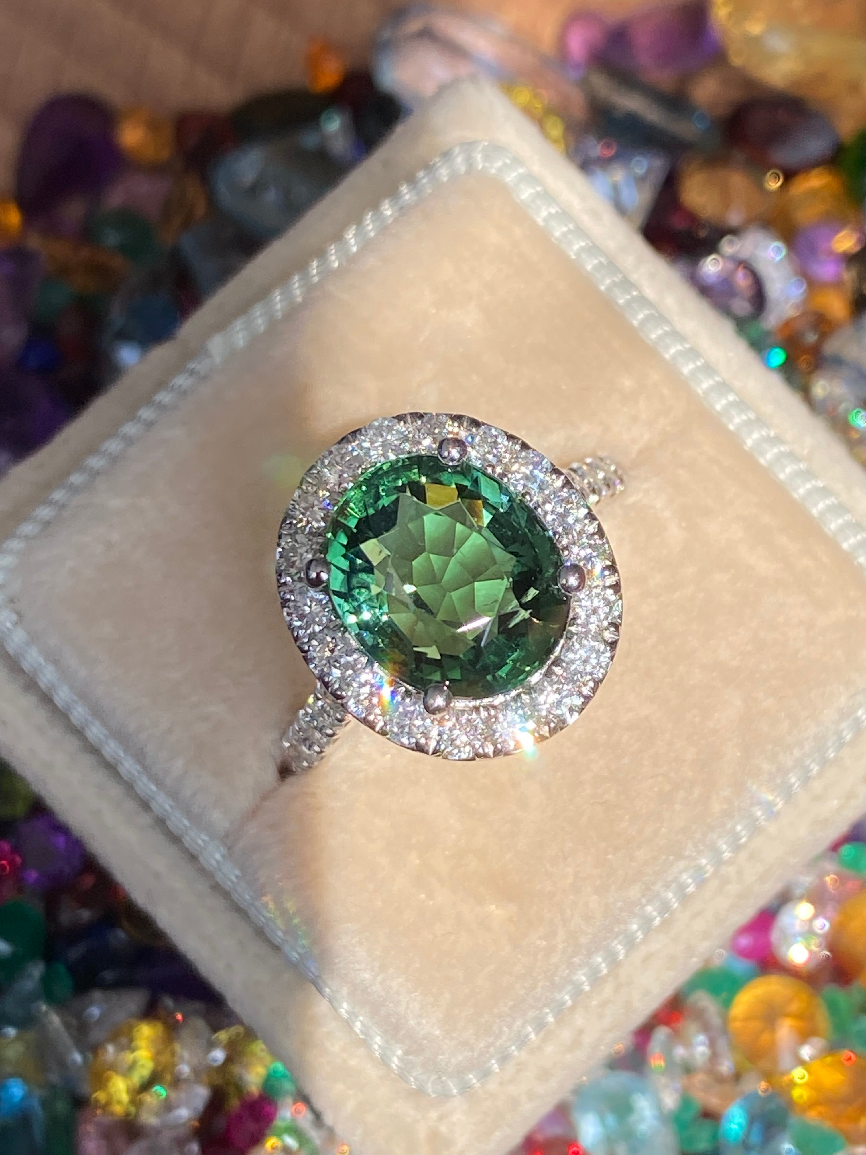 5.45 CTW Green Tourmaline and Natural Diamond Halo Ring in Platinum