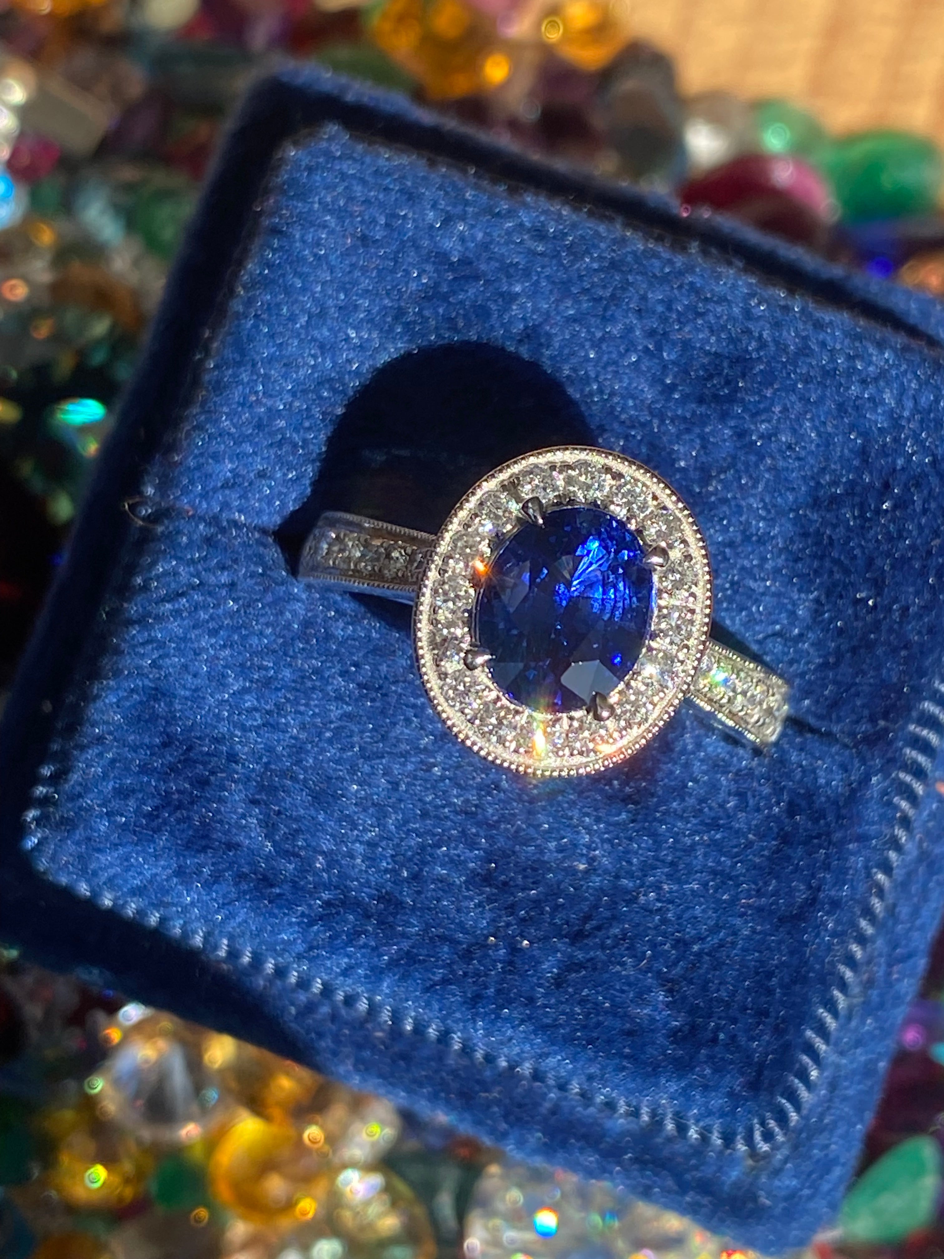 2.14 CTW Blue Ceylon Sapphire and Natural Diamond Halo Ring in Platinum