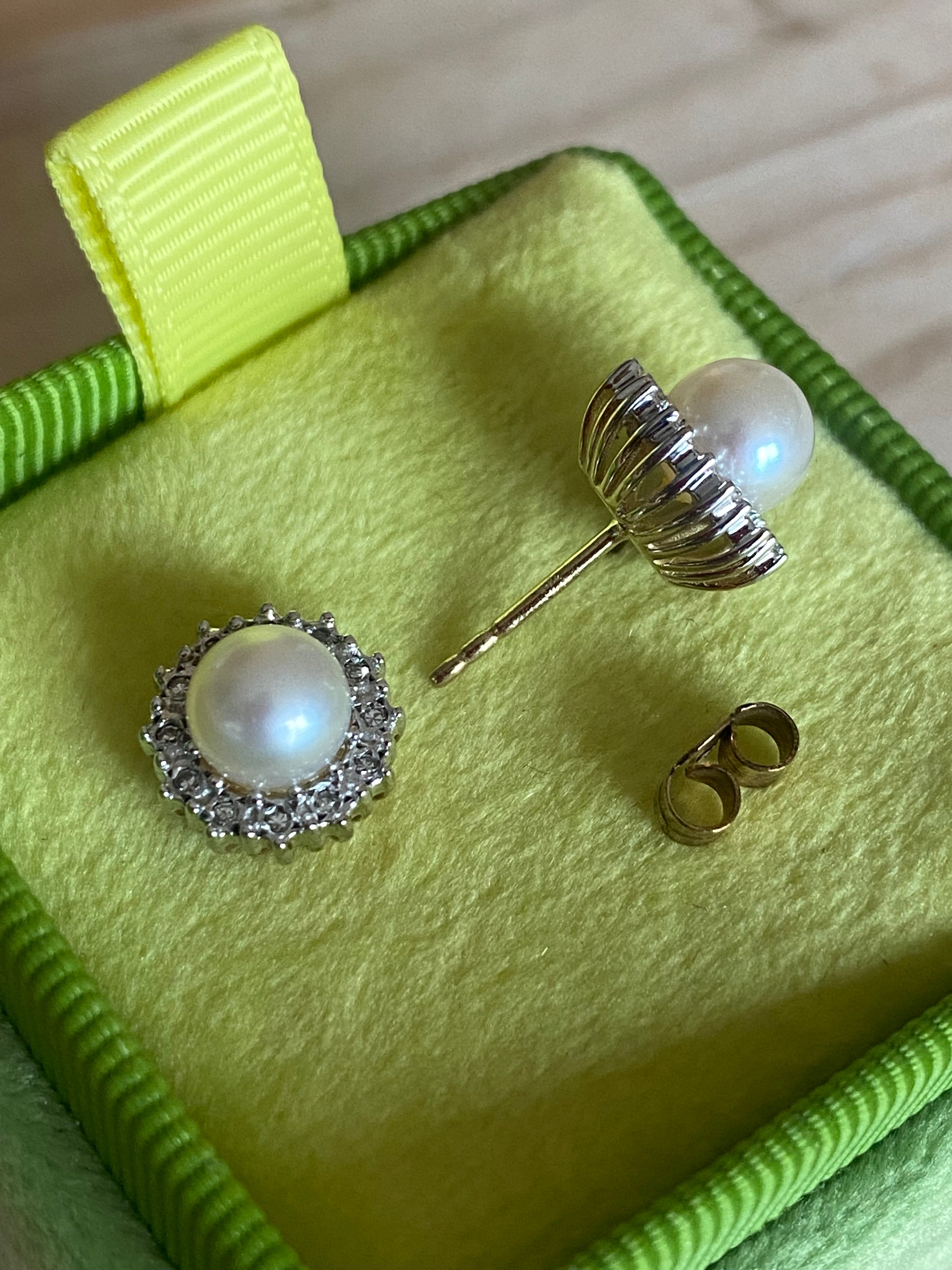 Vintage Pearl and Natural Diamond Stud Earrings in 9ct Yellow Gold