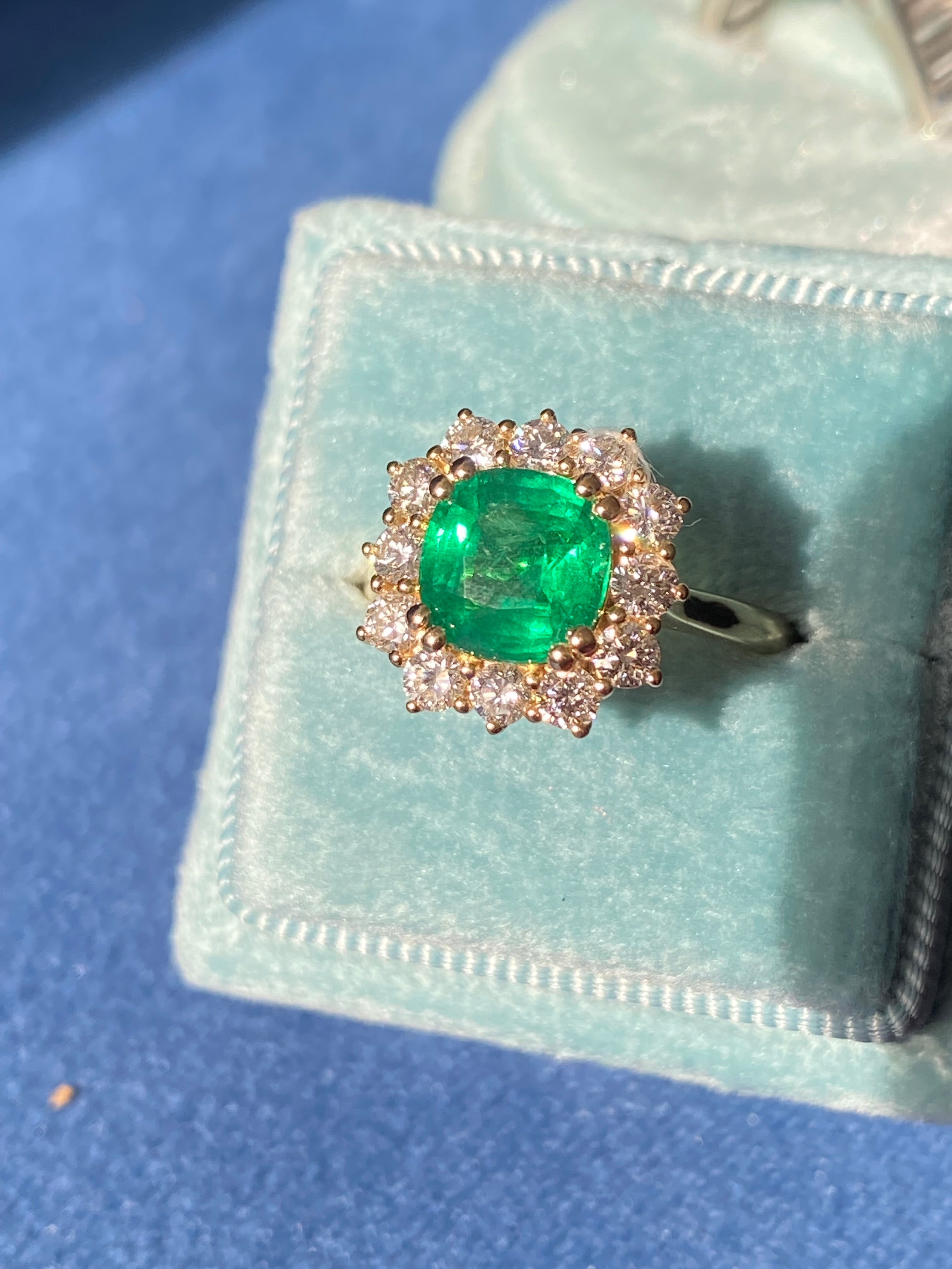Masterpiece Cushion Cut Emerald and Natural Diamond Halo Ring in 18ct Yellow Gold