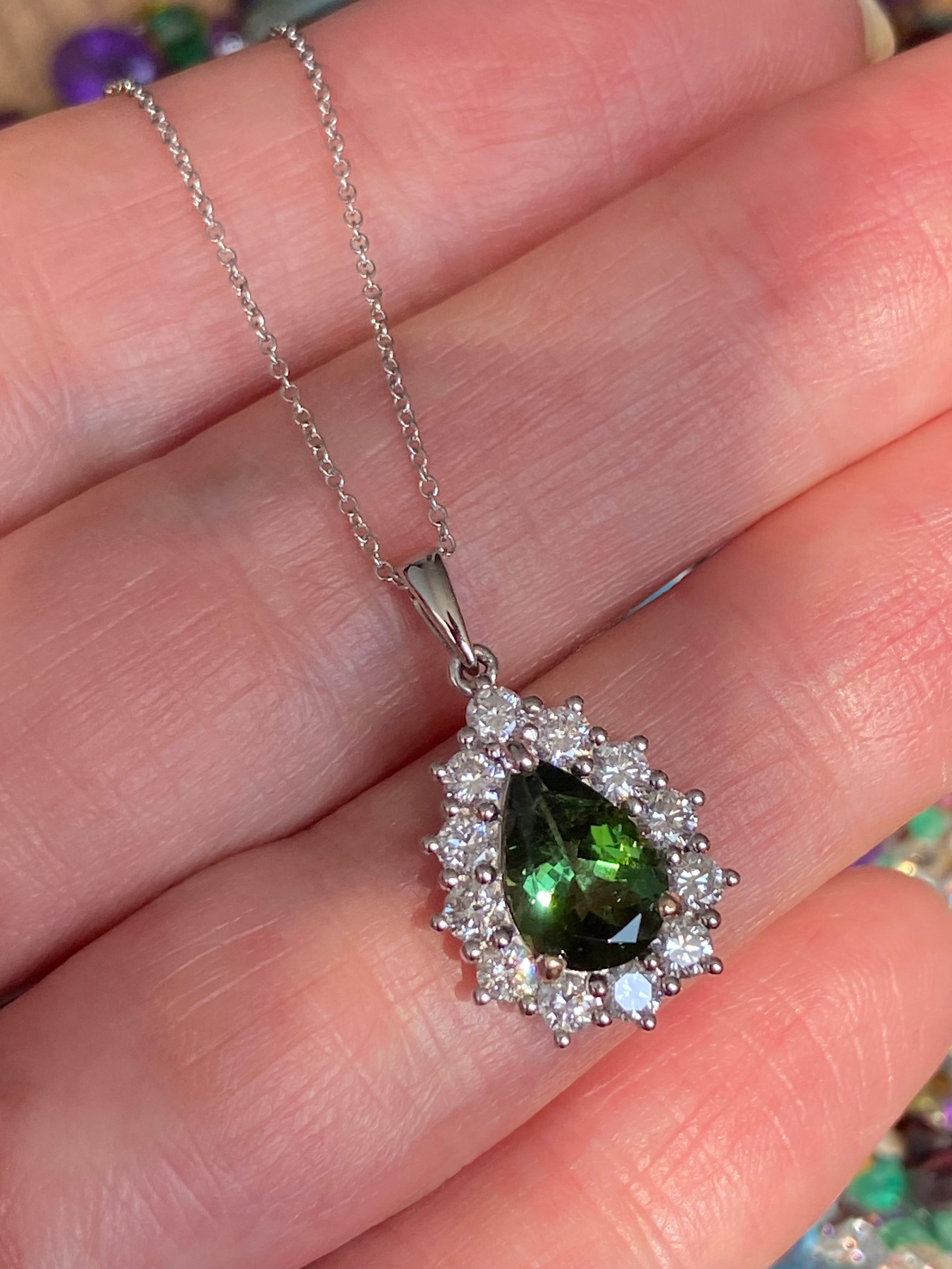 2.61 CTW Green Tourmaline and Natural Diamond Pendant Necklace in 18ct White Gold