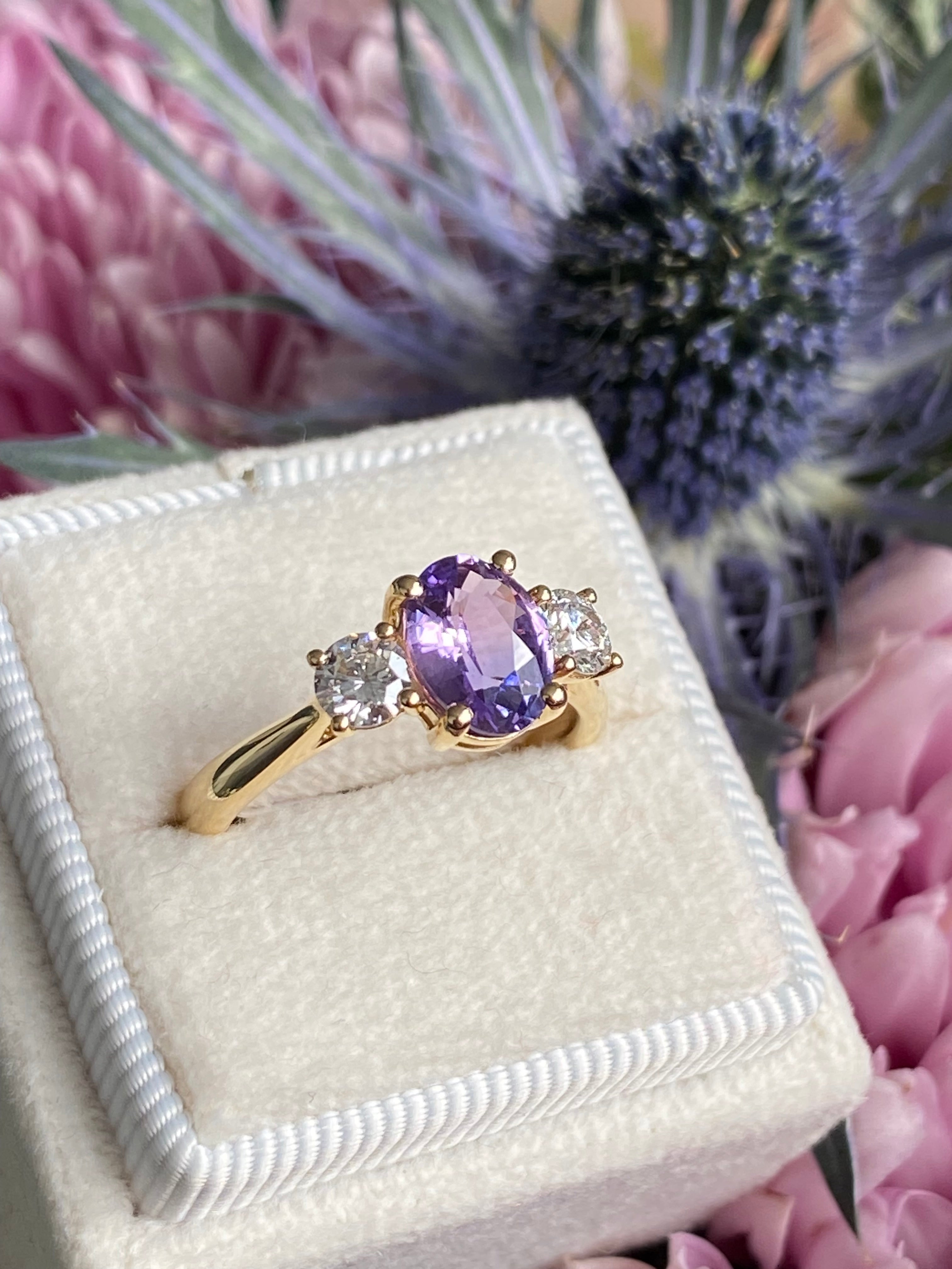 1.82 CTW Purple Sapphire and Natural Diamond Three Stone Ring in 18ct Yellow Gold