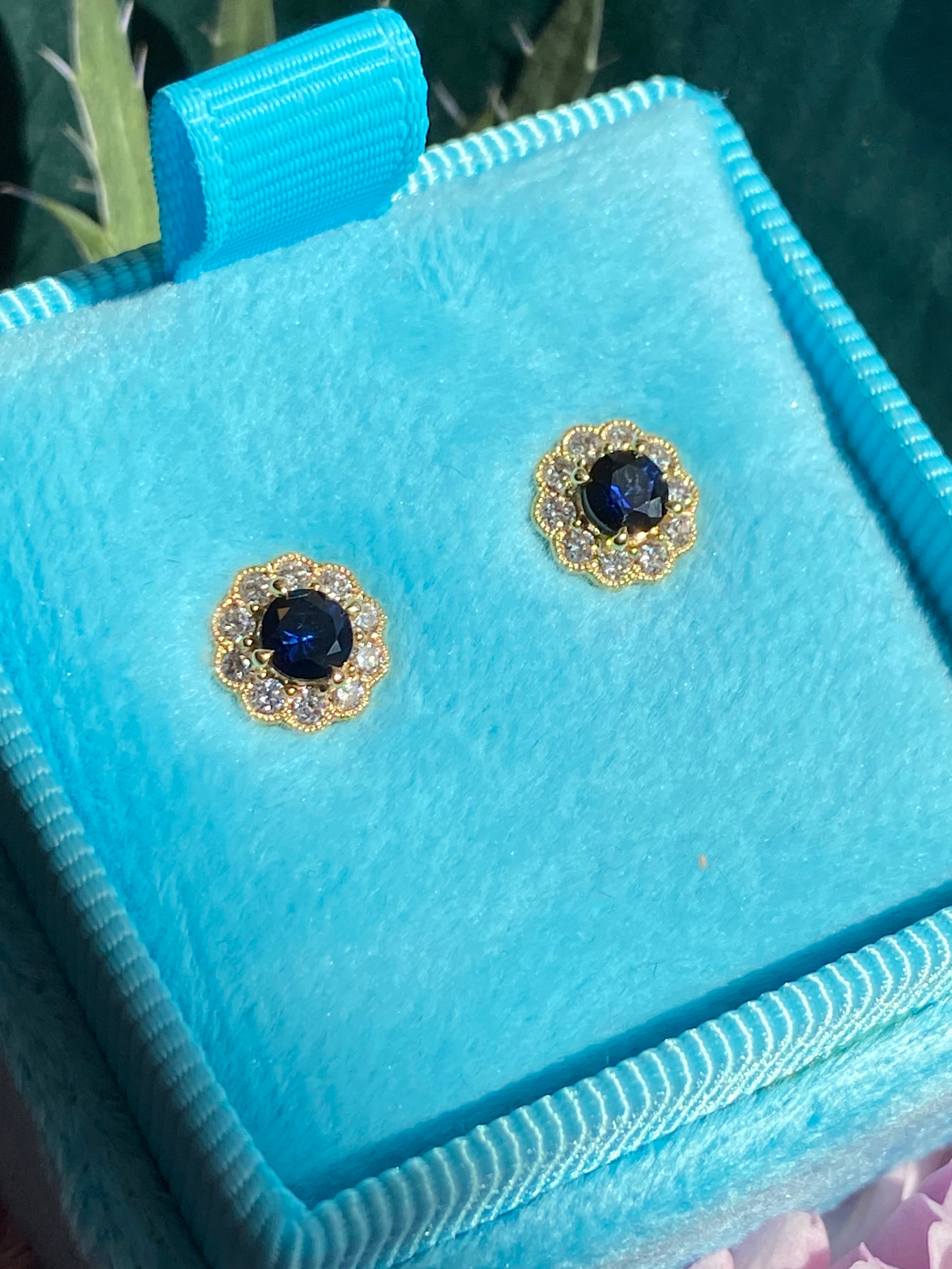 Sapphire and Natural Diamond Halo Stud Earrings in 18ct Yellow Gold