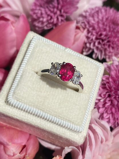1.34 Carat Ruby and 0.66 Natural Diamond Three Stone Ring in Platinum