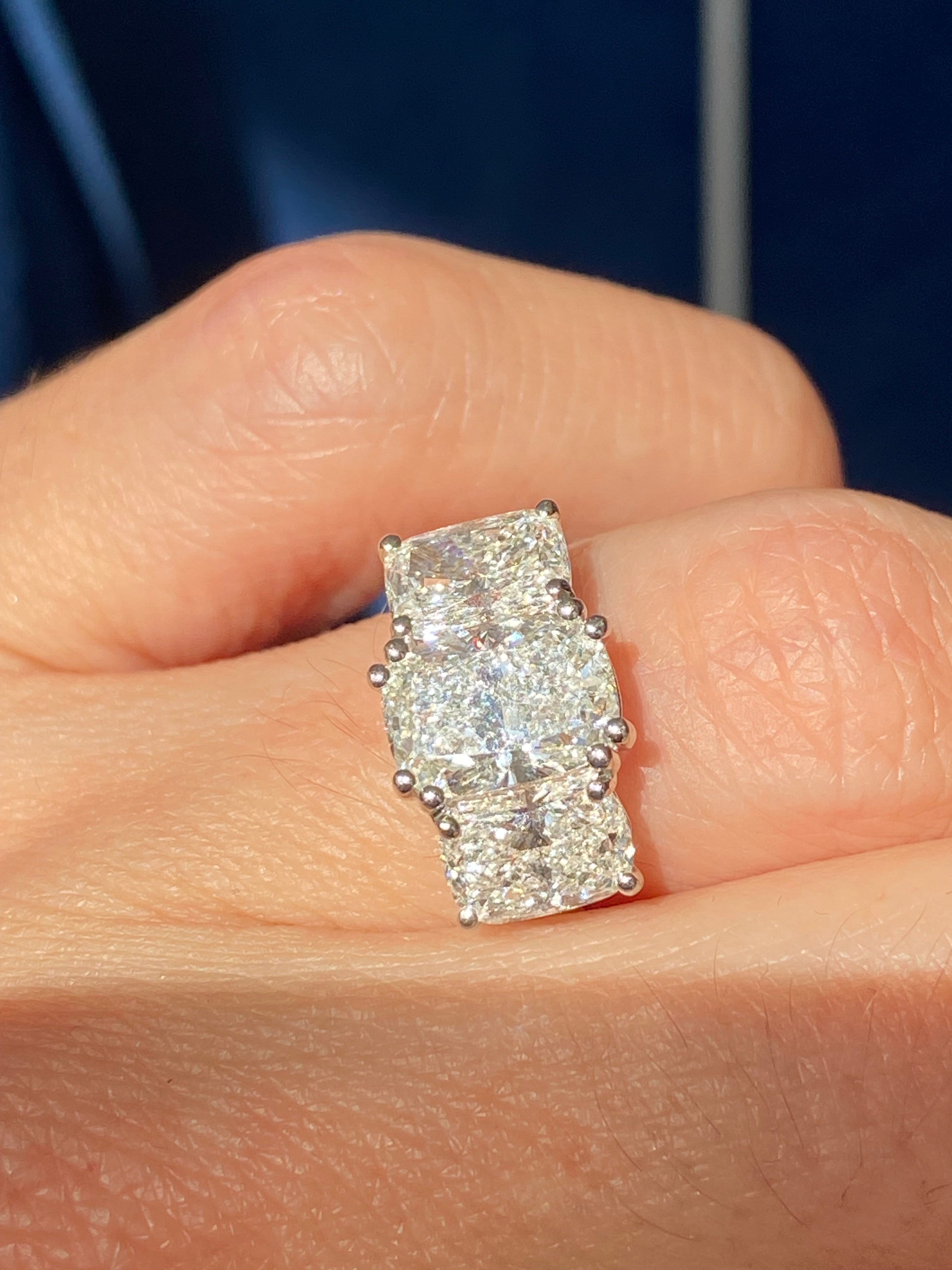 4.10 CTW Cushion Cut D Colour VS1 Lab Diamond Three Stone Ring in Platinum