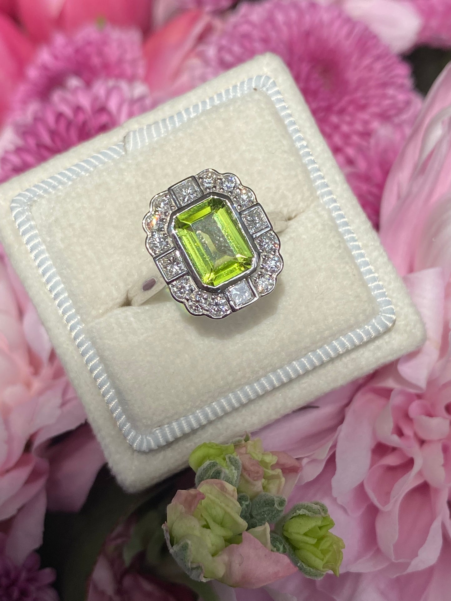 1.32 Carat Peridot and Natural Diamond Ring in Platinum