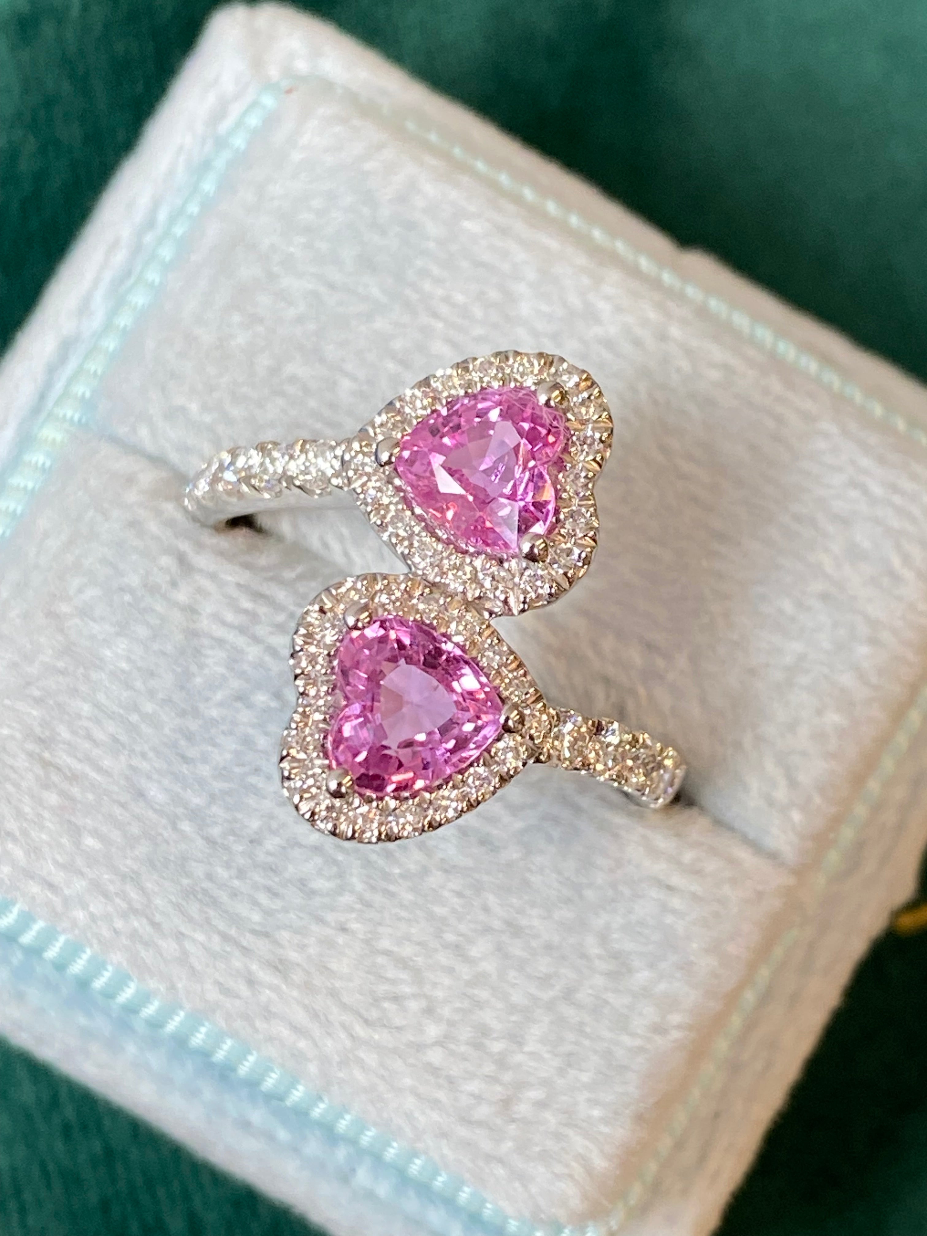 1.92 CTW Heart Shape Pink Sapphire and Natural Diamond Toi et Moi Ring in Platinum
