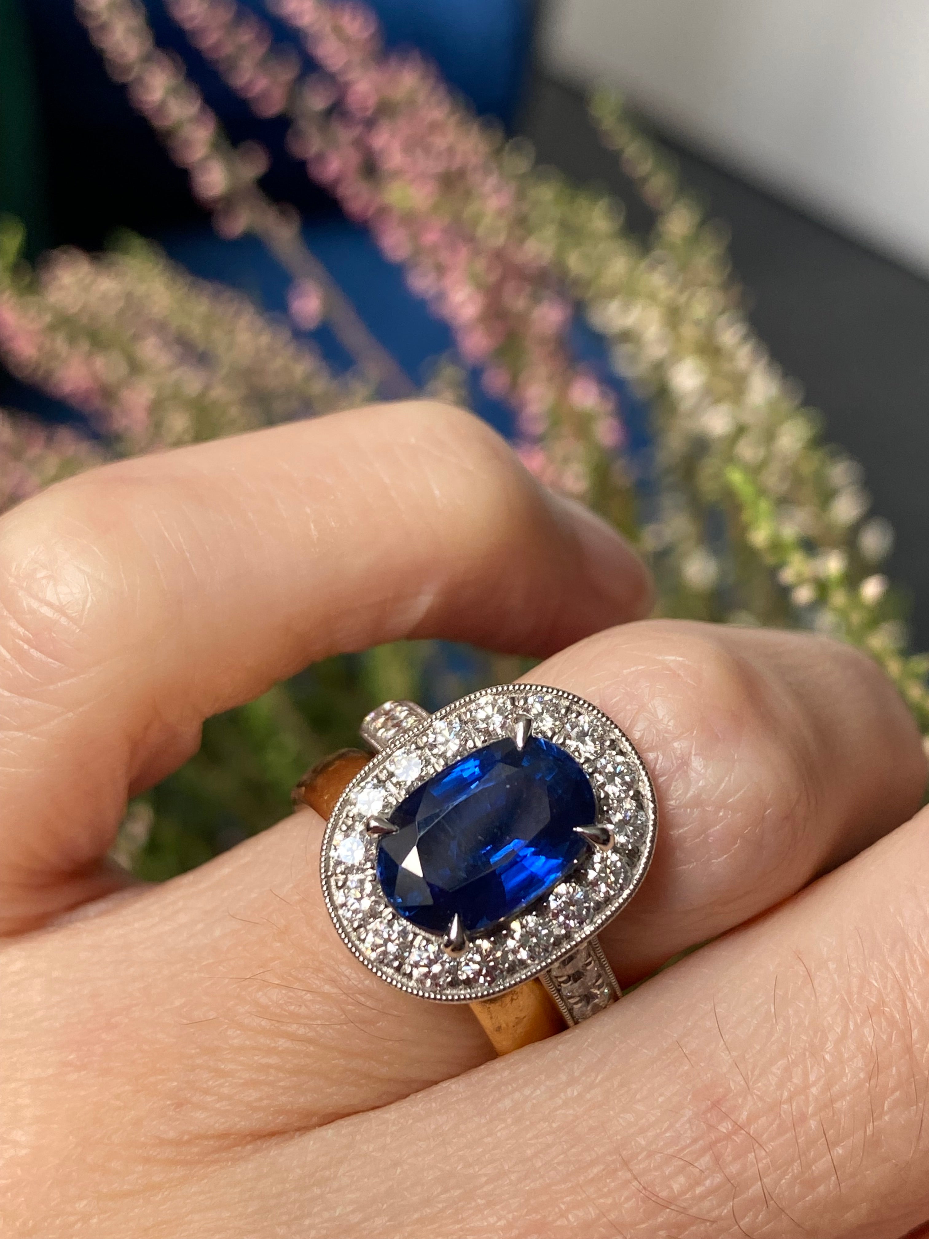 3.61 Carat Blue Ceylon Sapphire and Natural Diamond Halo Ring in Platinum