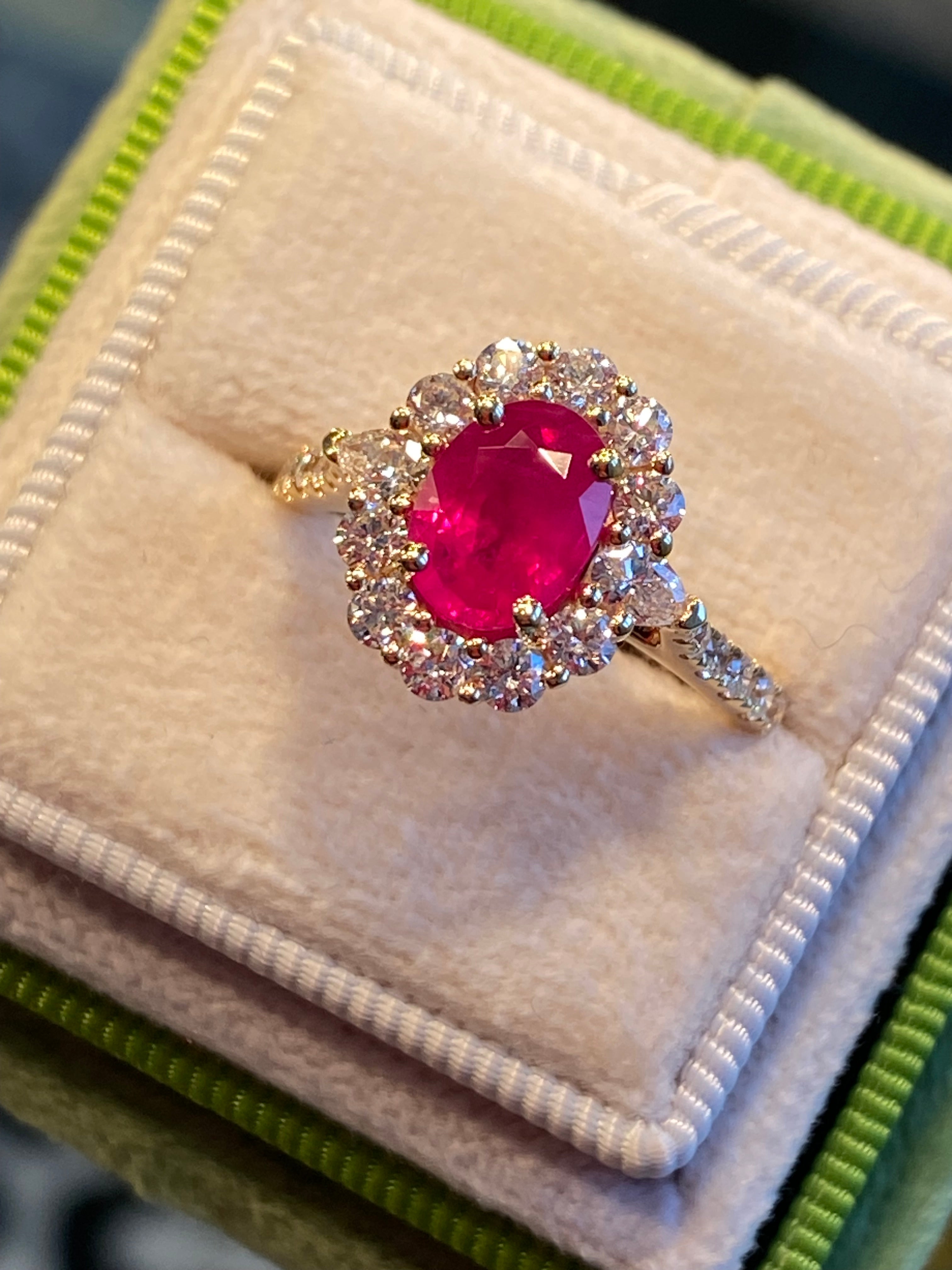 2.40 CTW Ruby and Natural Diamond Halo Ring in 18ct Yellow Gold