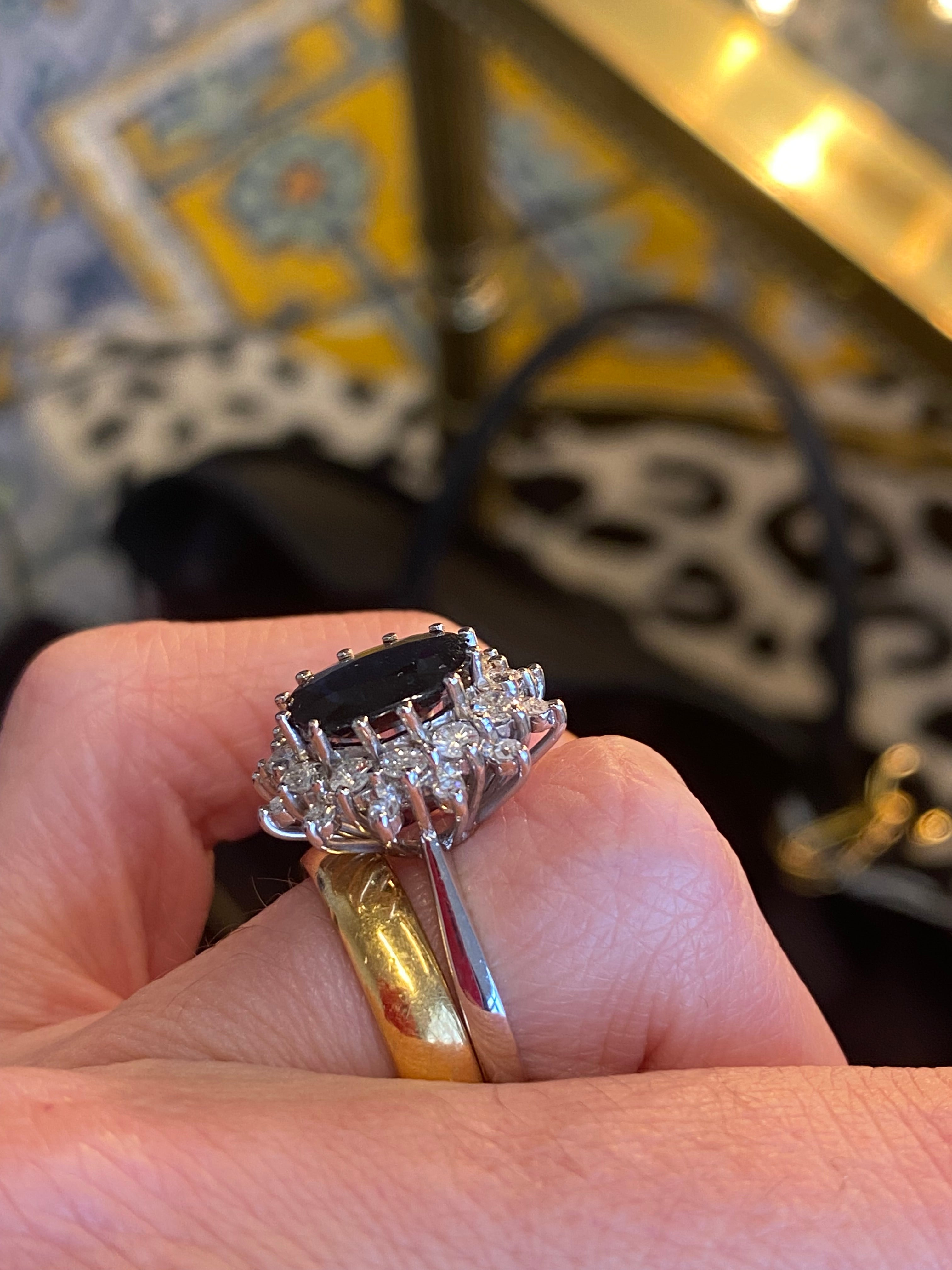 2.75 Carat Oval Blue Sapphire and 1.00 Carat Diamond Halo Ring in 18ct White Gold