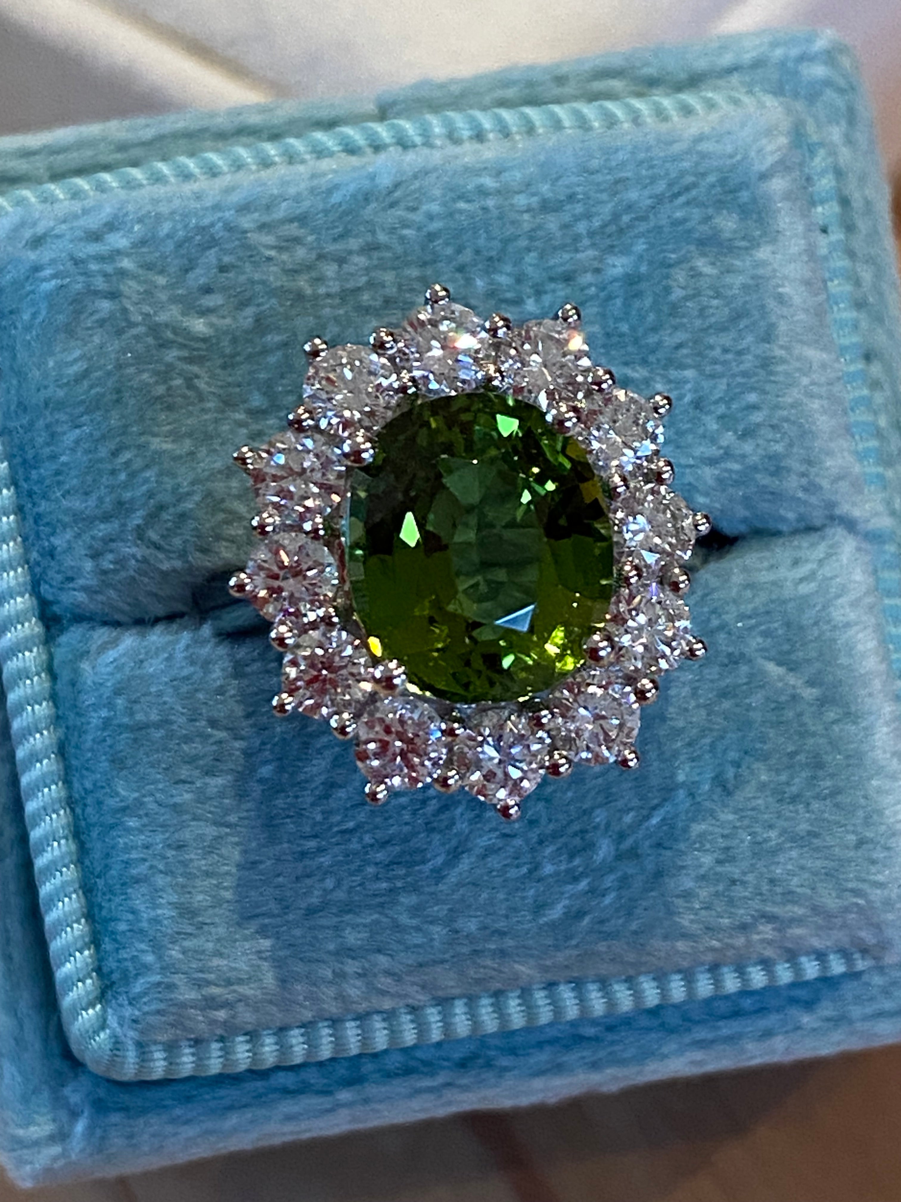 4.99 CTW Green Tourmaline and Natural Diamond Halo Ring in Platinum
