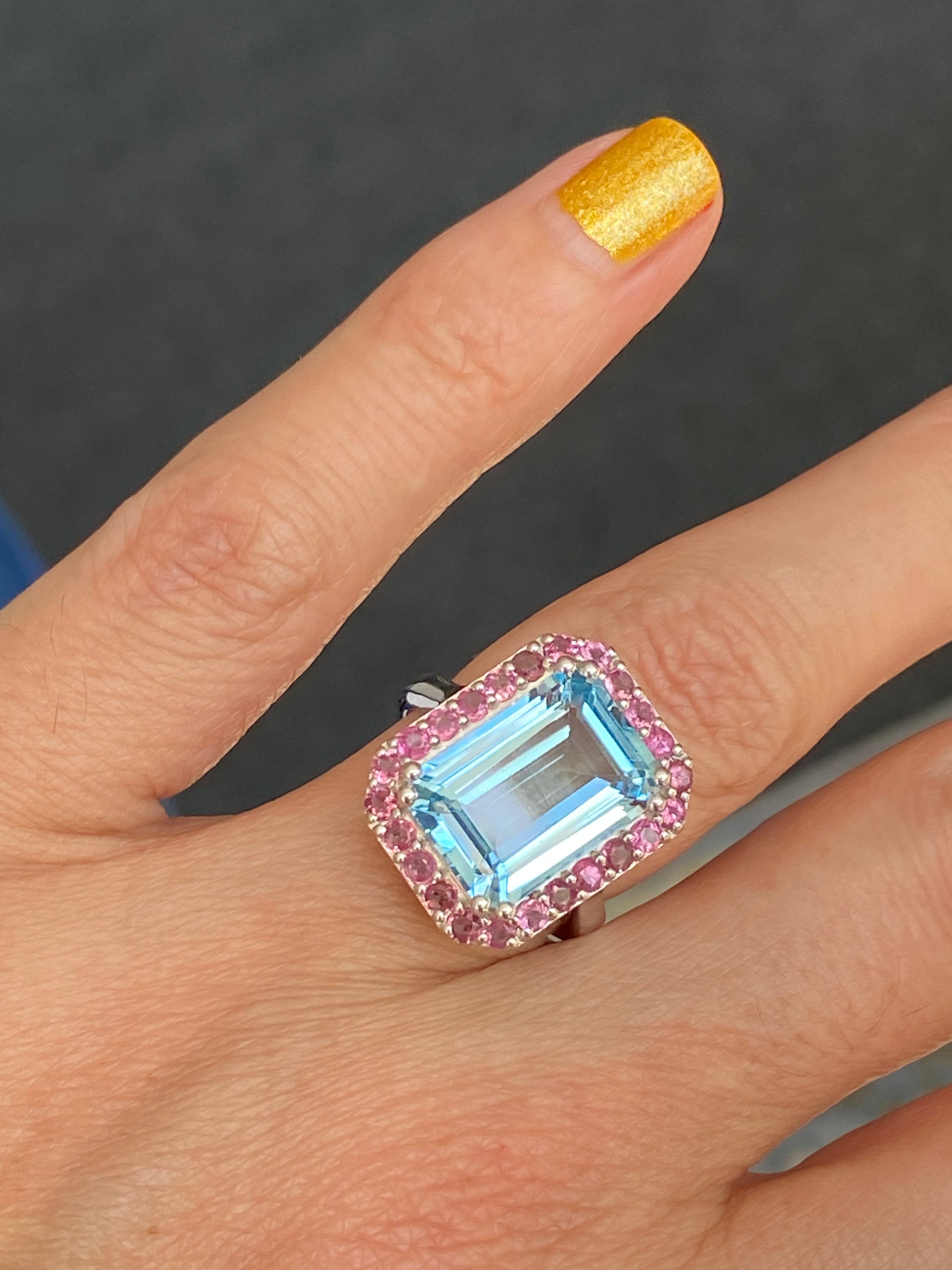6.50 CTW Blue Topaz and Pink Tourmaline Halo Ring in Sterling Silver