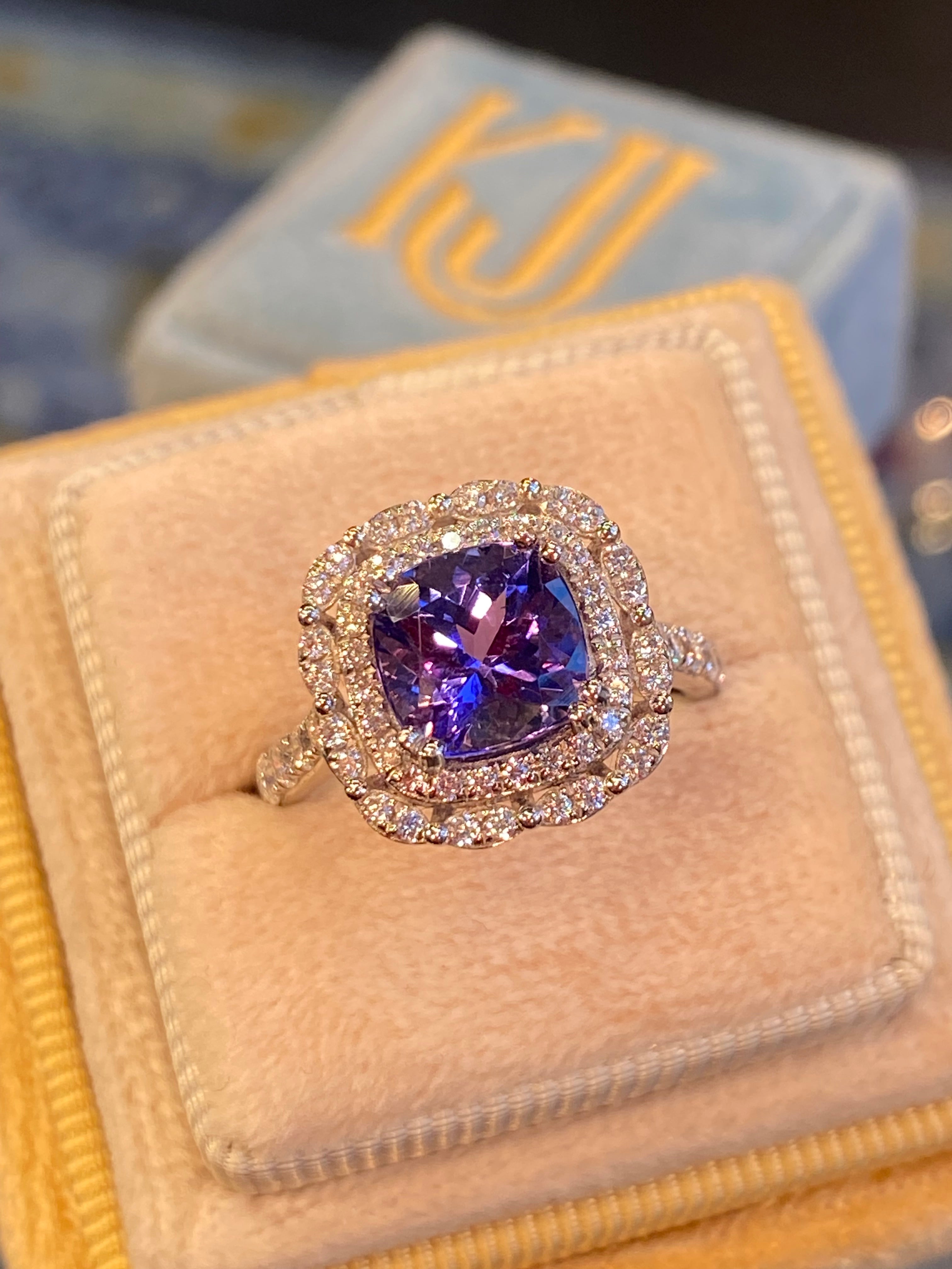 2.36 Carat Cushion Cut Tanzanite and 0.71 ctw Natural Diamond Ring in Platinum