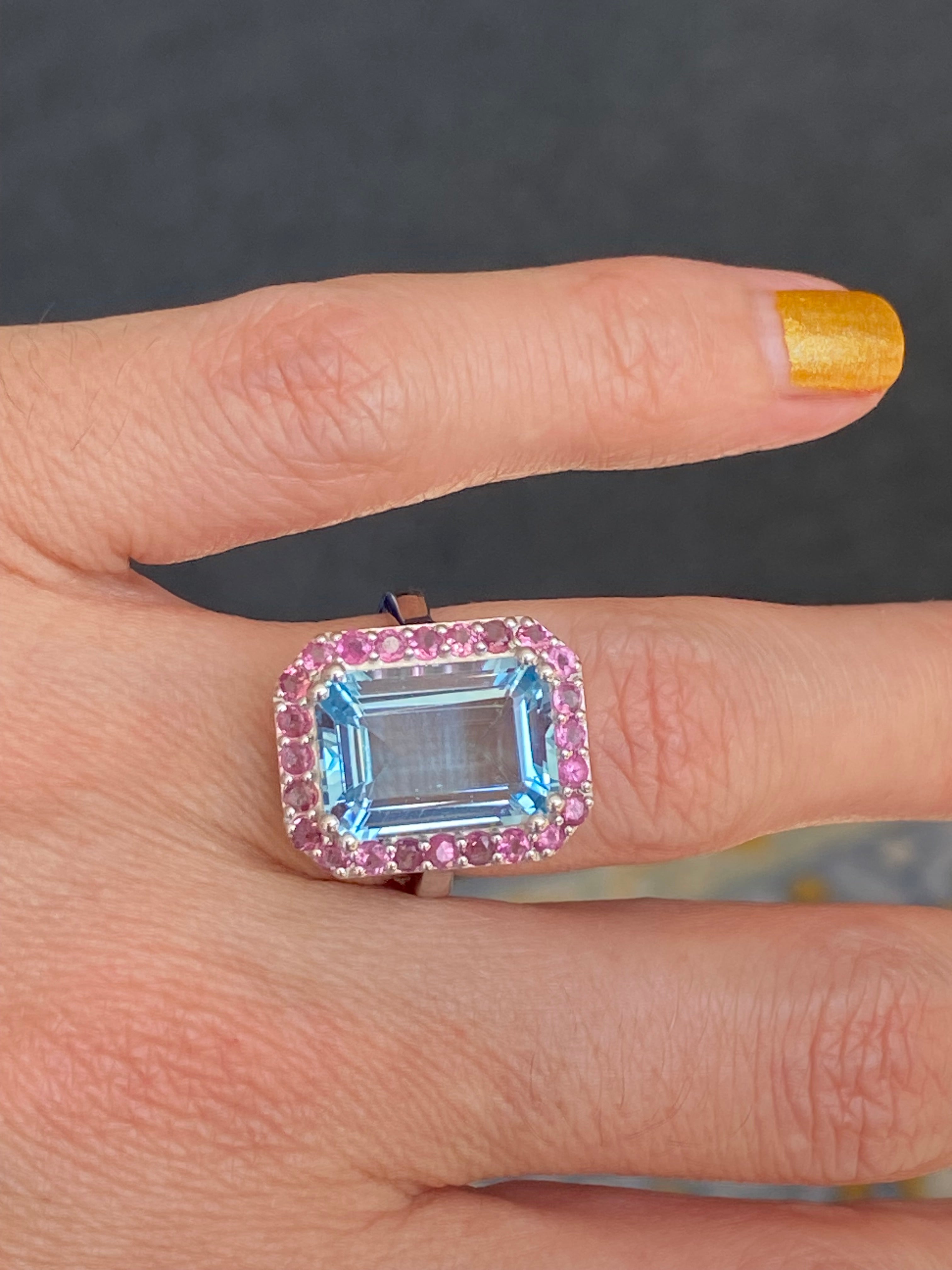 6.50 CTW Blue Topaz and Pink Tourmaline Halo Ring in Sterling Silver
