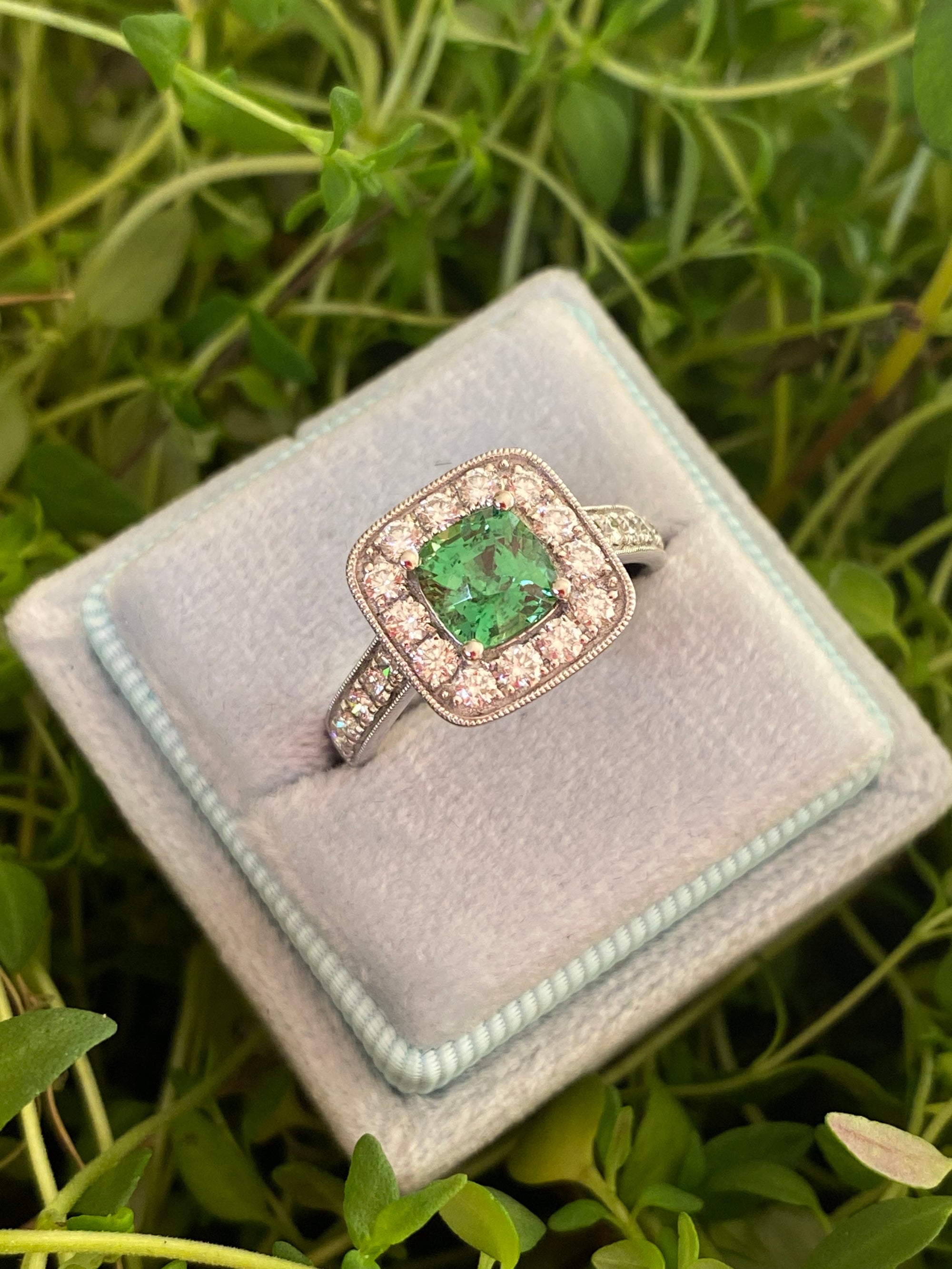 1.29 Carat Tsavorite Garnet and 0.72 Carat Diamond Halo Engagement Ring in Platinum