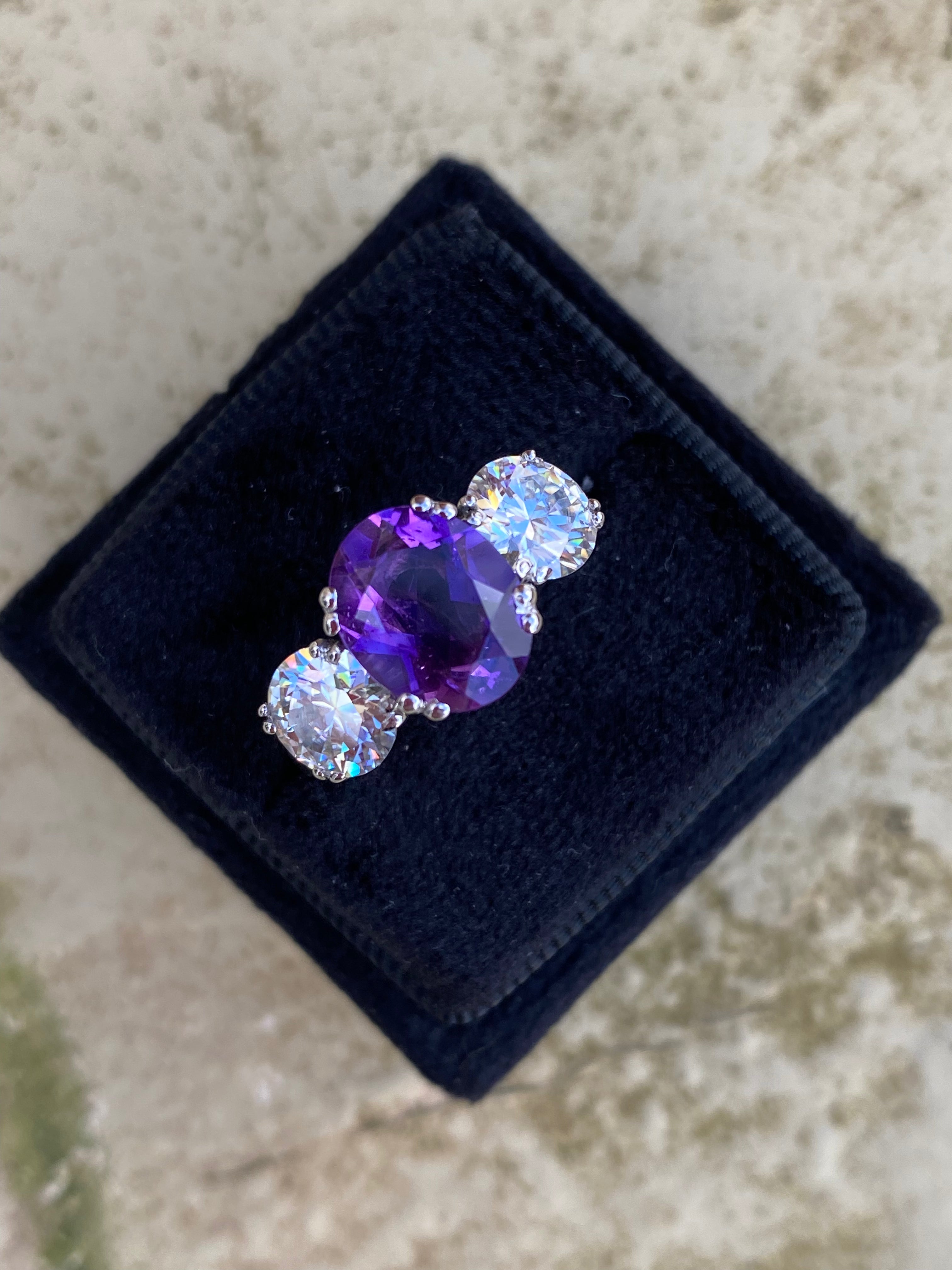 2.57 Carat Amethyst and 1.84 Carat Moissanite Three Stone Ring in Sterling Silver