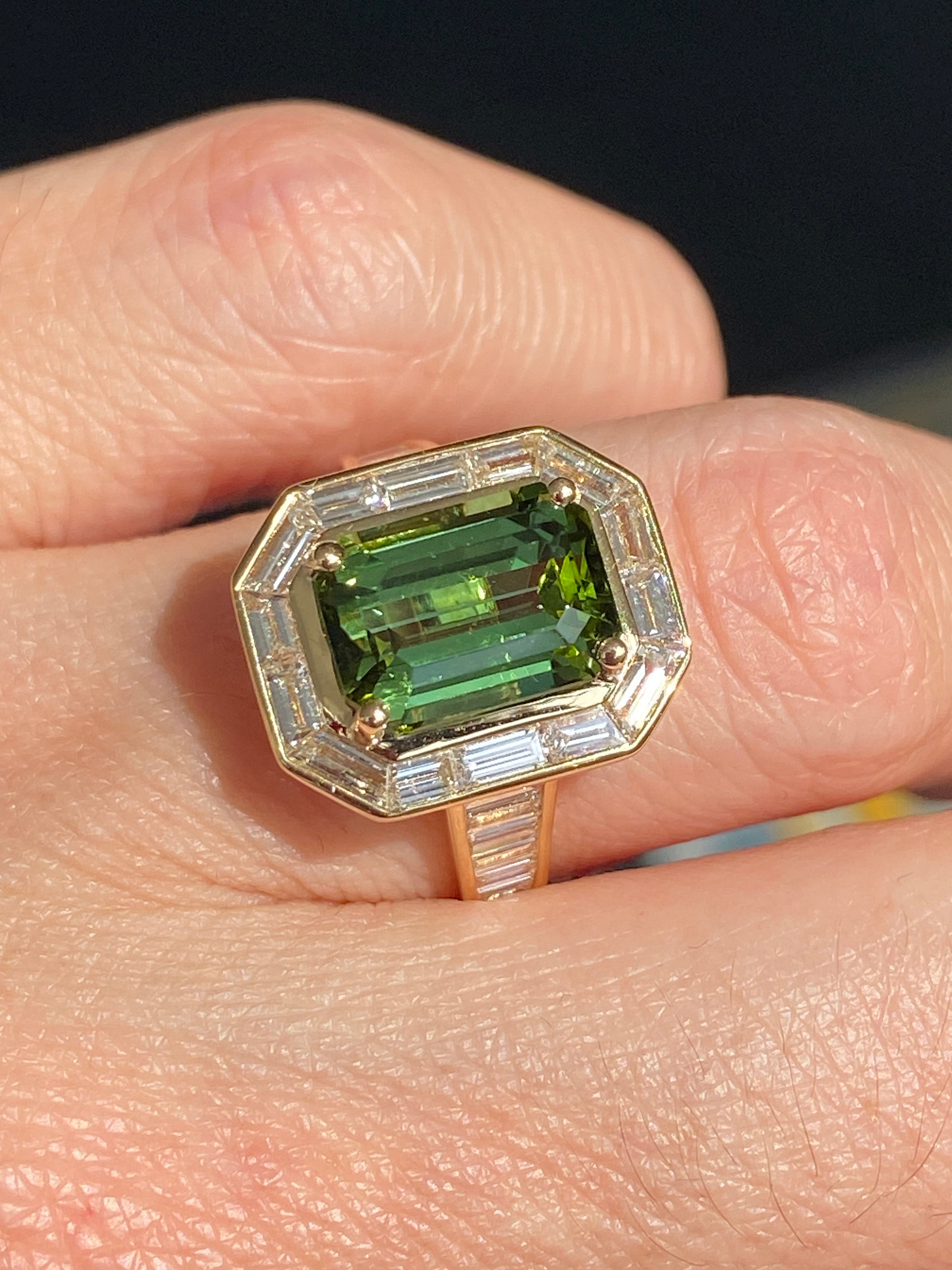 3.85 Carat Green Tourmaline and 1.84ctw Natural Diamond Ring in 18ct Yellow Gold
