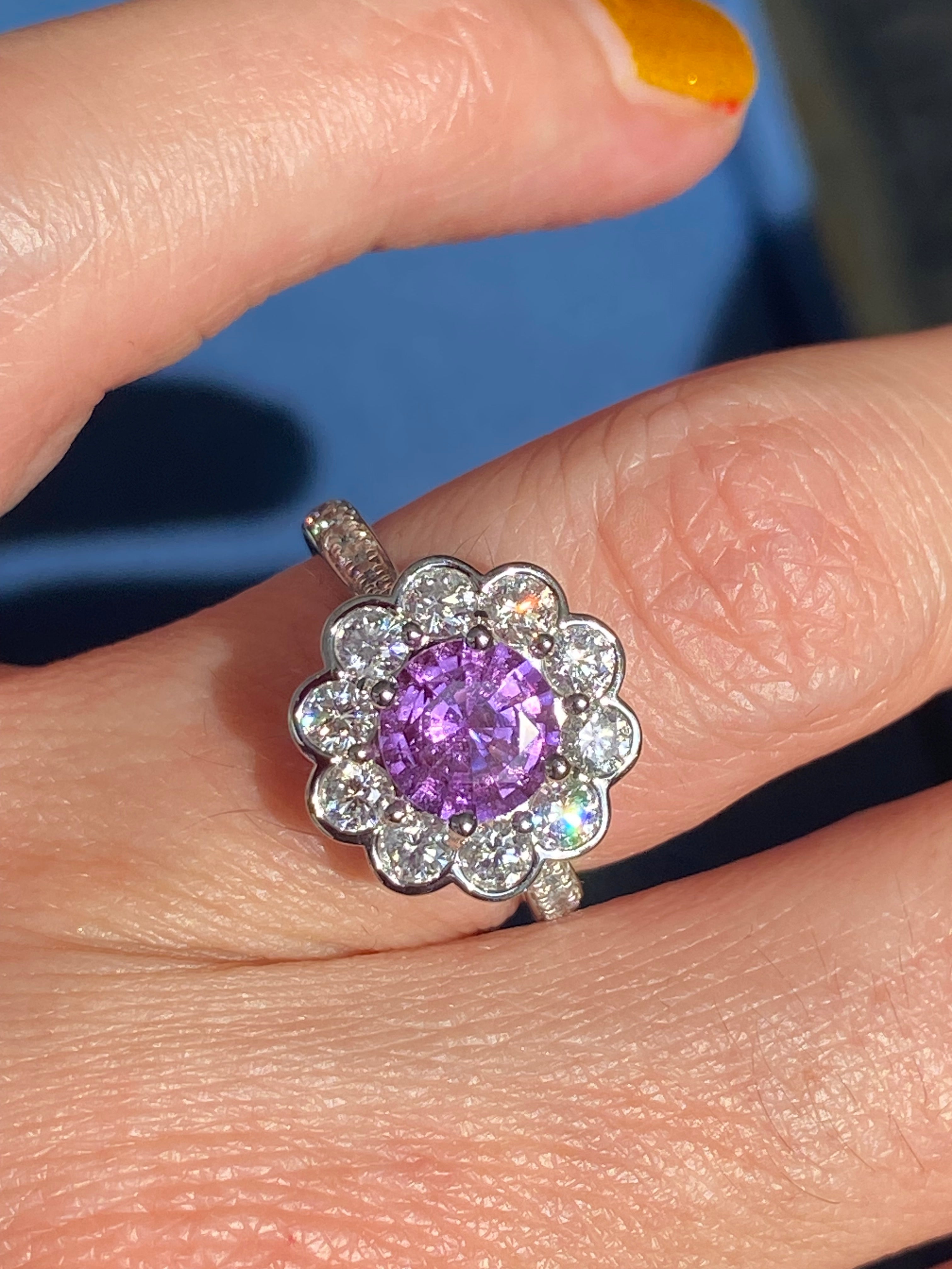 1.27 Carat Purple Sapphire and 1.02ctw Natural Diamond Halo Ring in Platinum