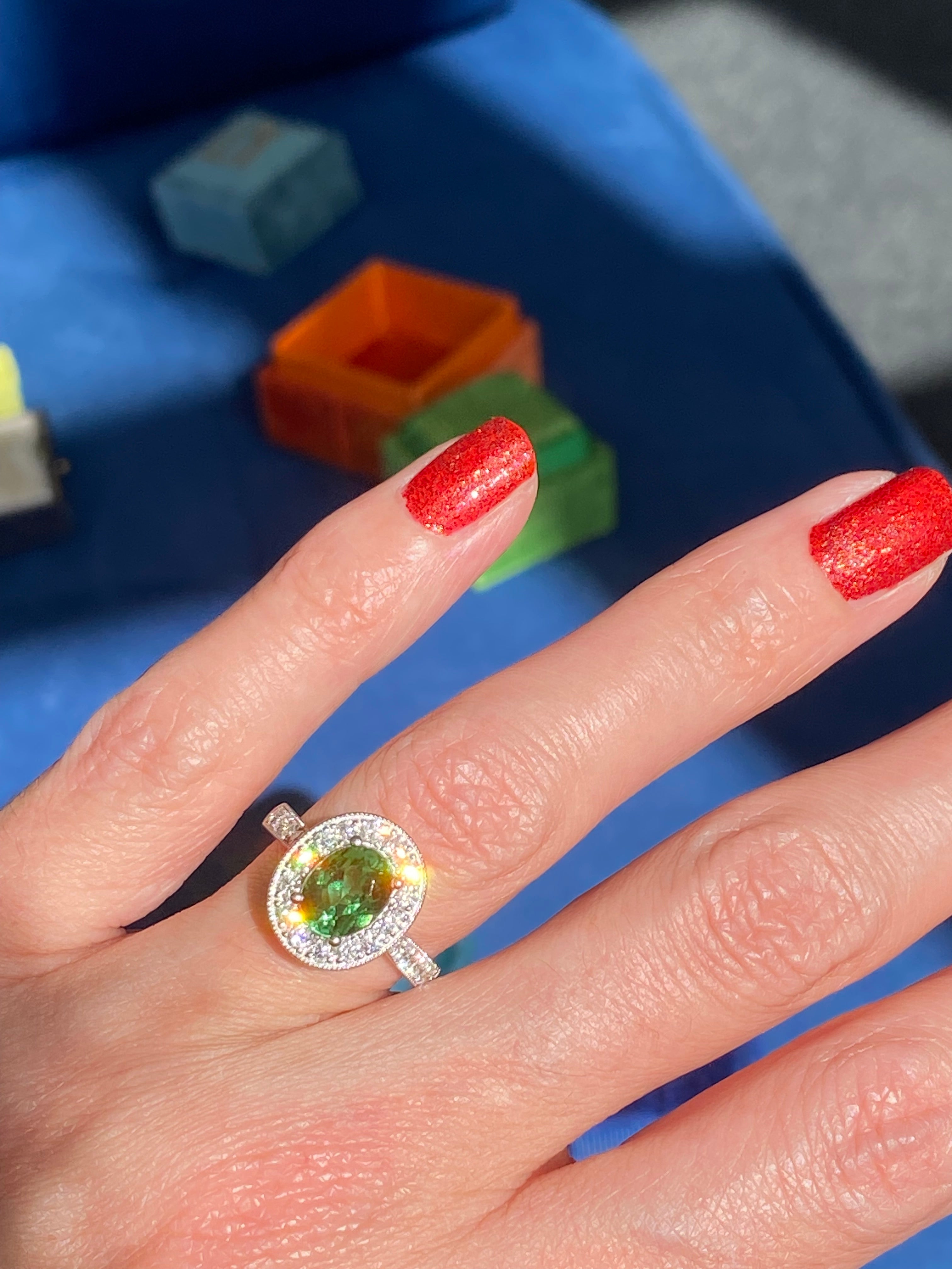 1.66 Carat Oval Cut Mint Tourmaline and 0.66 CTW Natural Diamond Ring in Platinum