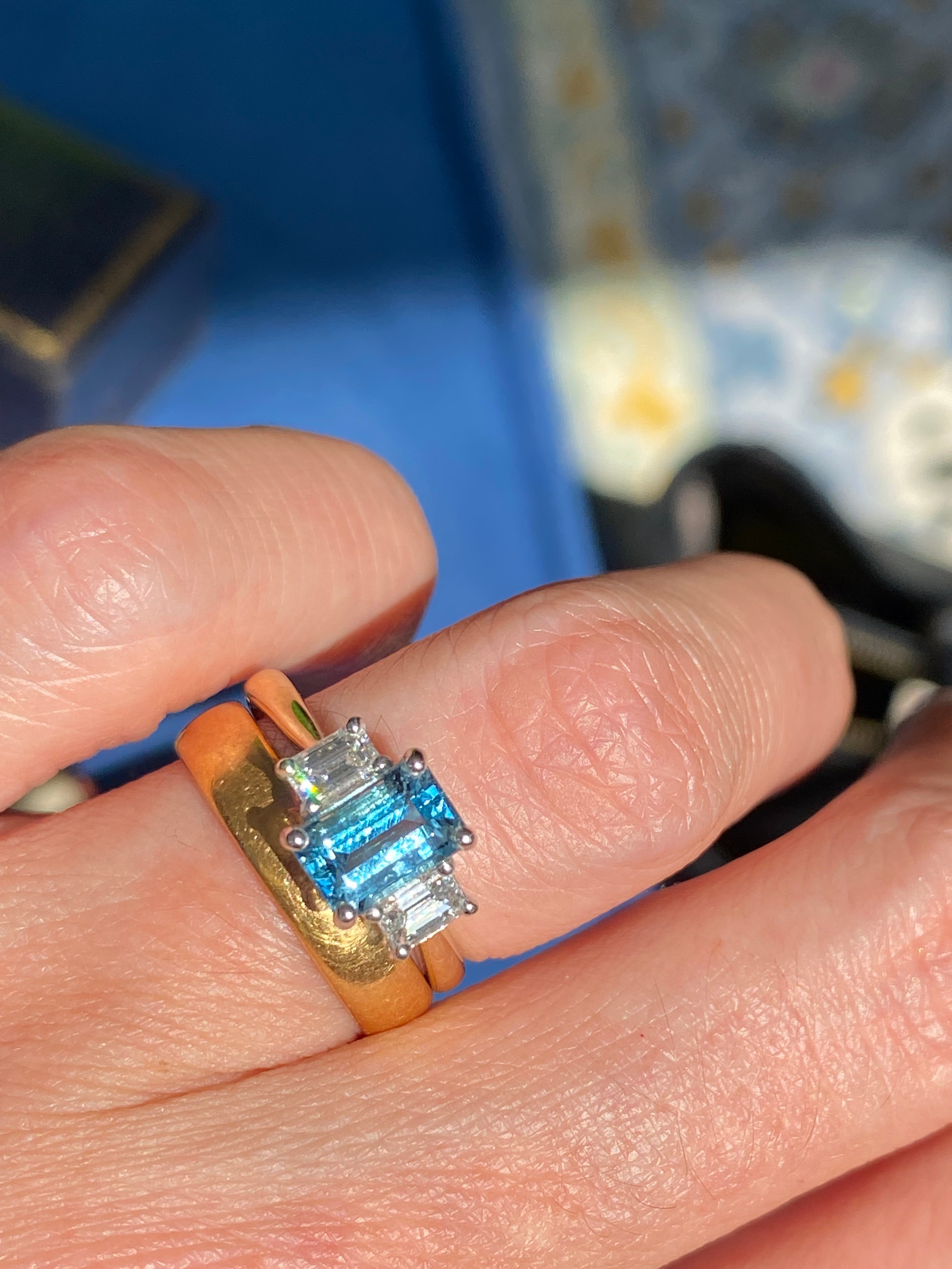1.73 CTW Aquamarine and Natural Diamond Three Stone Ring in Platinum and 18ct Yellow Gold