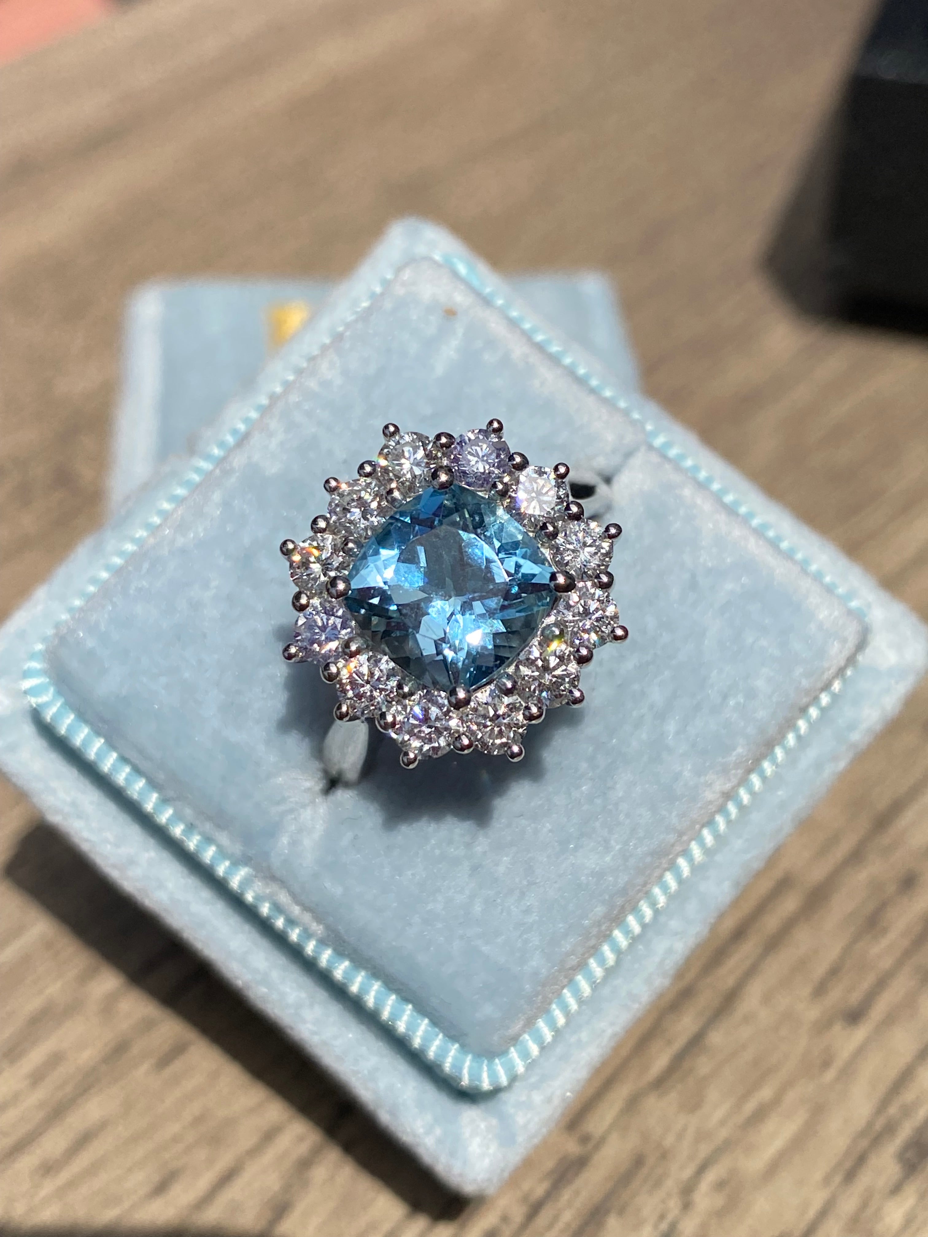 2.33 CTW Cushion Cut Aquamarine and Diamond Engagement Ring in Platinum