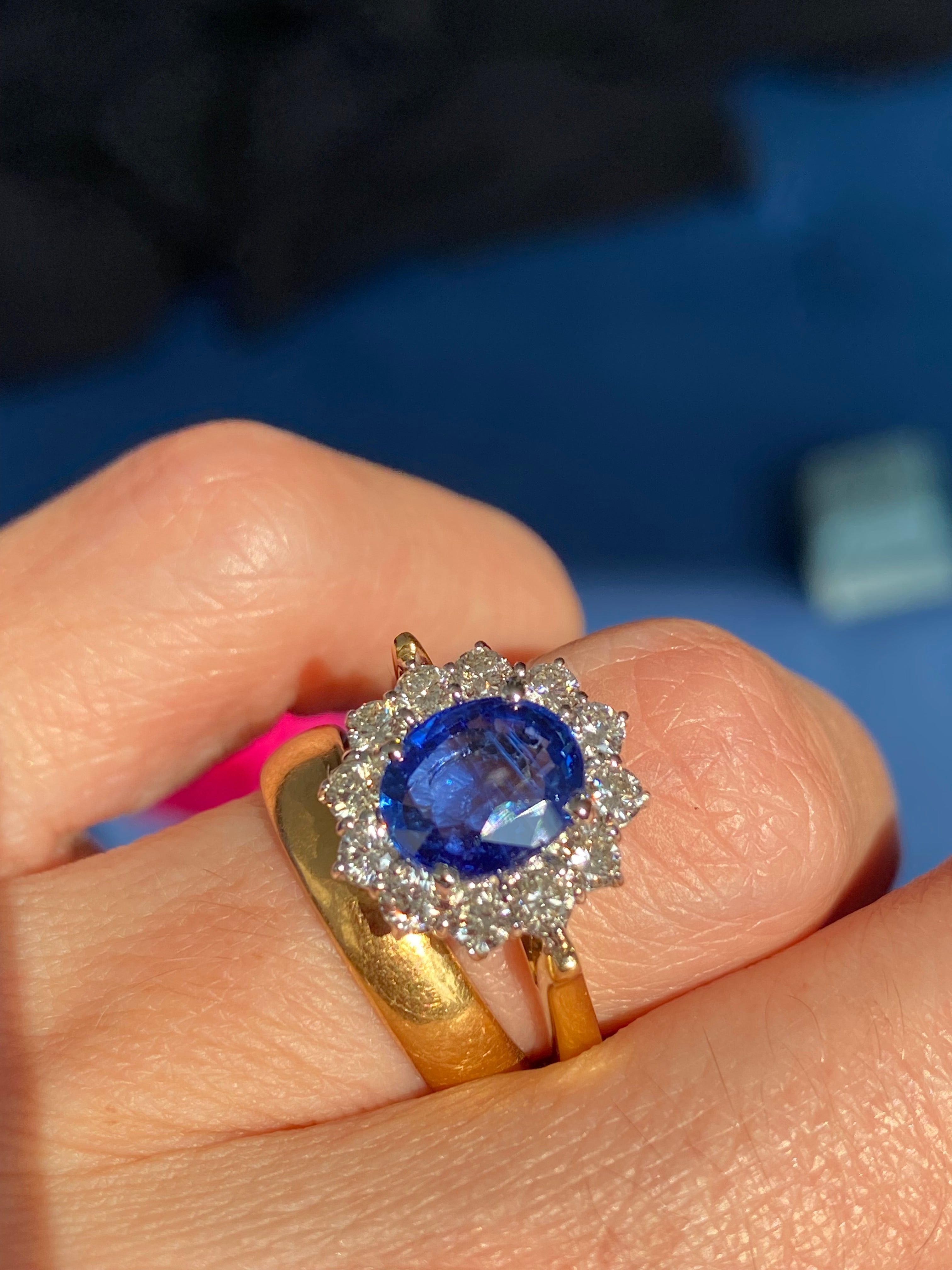 3.31 CTW Ceylon Sapphire and Natural Diamond Halo Ring in 18ct Gold