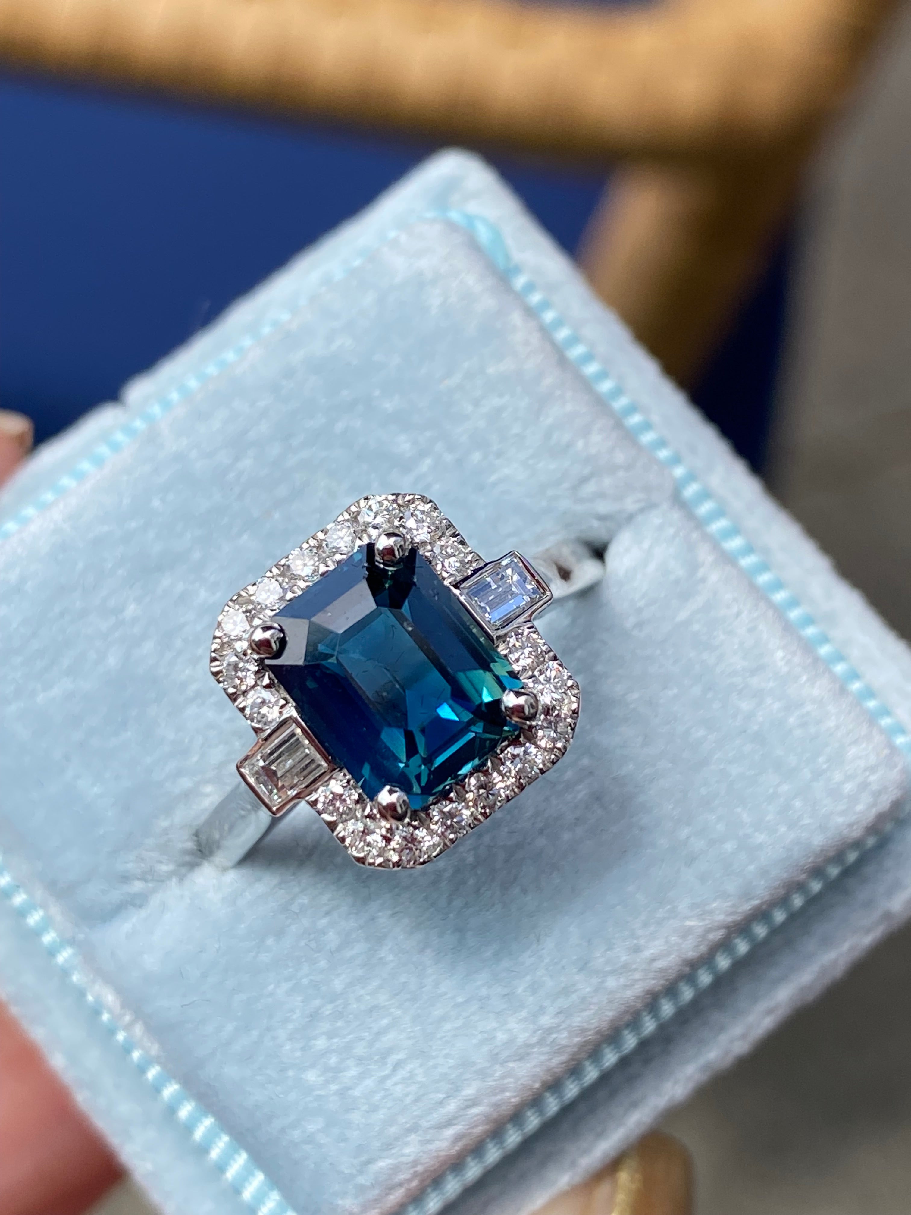 2.52 Carat Emerald Cut Teal Sapphire and Natural Diamond Halo Ring in Platinum