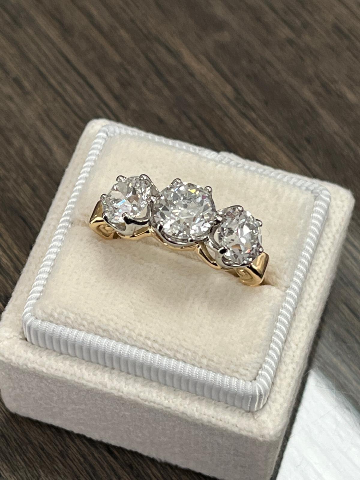 Heritage 4.00 CT + Old Cut Lab Grown Diamond Three Stone Trilogy Engagement Ring, at Least F Colour / VS Clarity