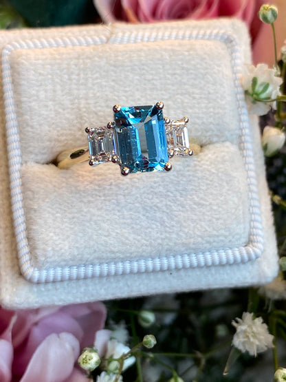 1.88 CTW Aquamarine and Natural Diamond Three-Stone Ring in Platinum and 18ct Yellow Gold