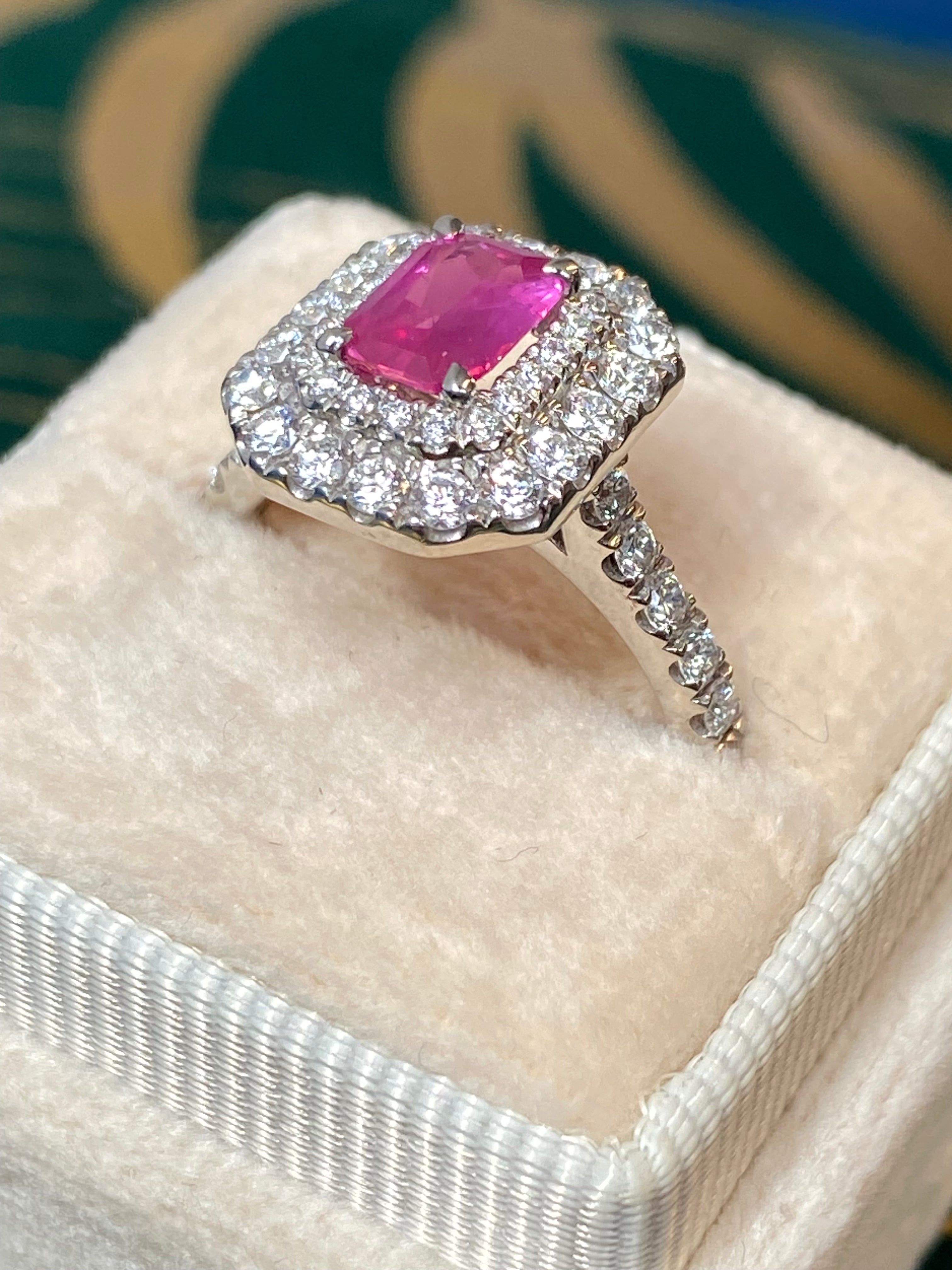 1.75 CTW Radiant Cut Pink Sapphire and Natural Diamond Double Halo Ring in Platinum