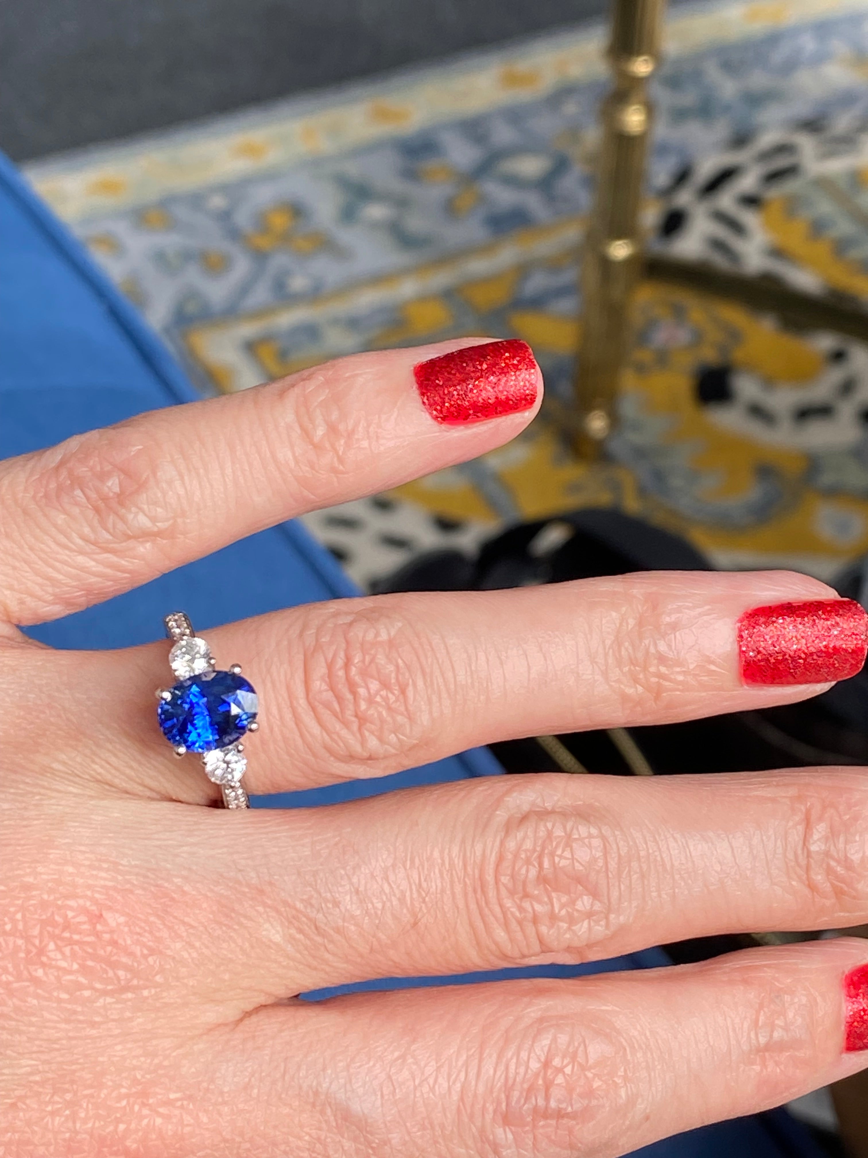 3.68 CTW Blue Ceylon Sapphire and Natural Diamond Three Stone Engagement Ring in Platinum
