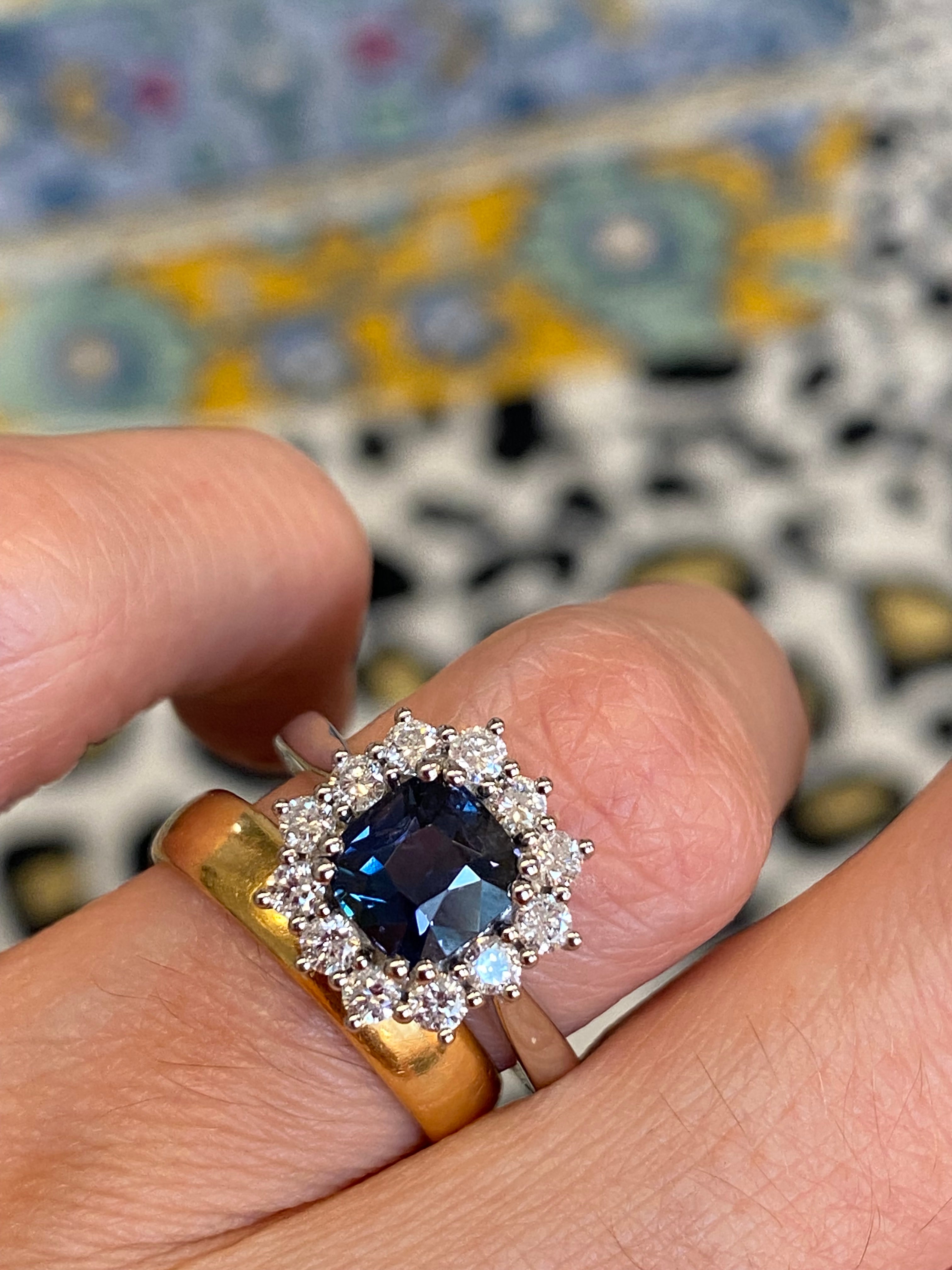2.00 Carat Cushion Cut Teal Sapphire and Natural Diamond Halo Ring in Platinum
