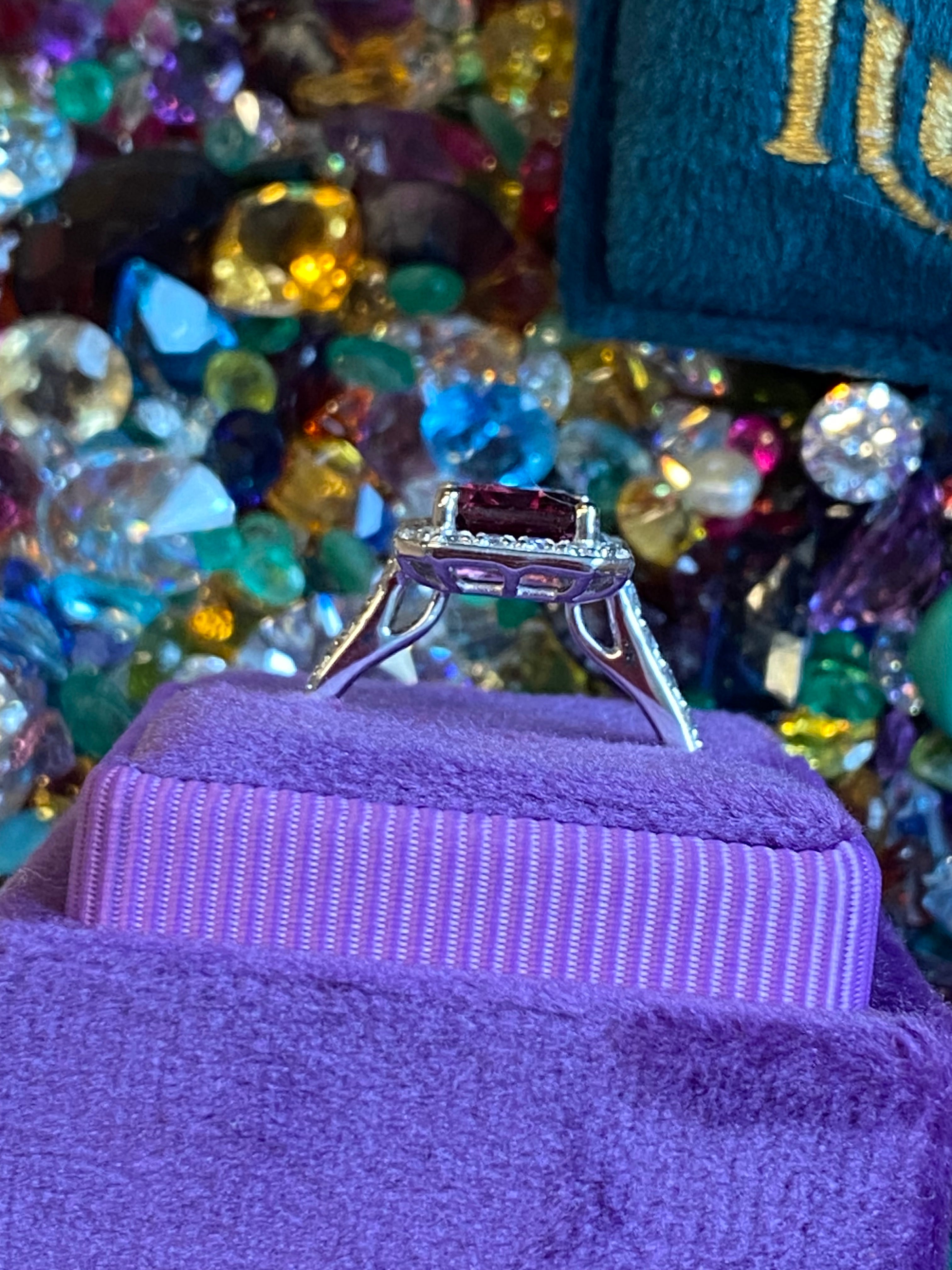 2.71 CTW Emerald Cut Pink Tourmaline and Natural Diamond Halo Ring in Platinum