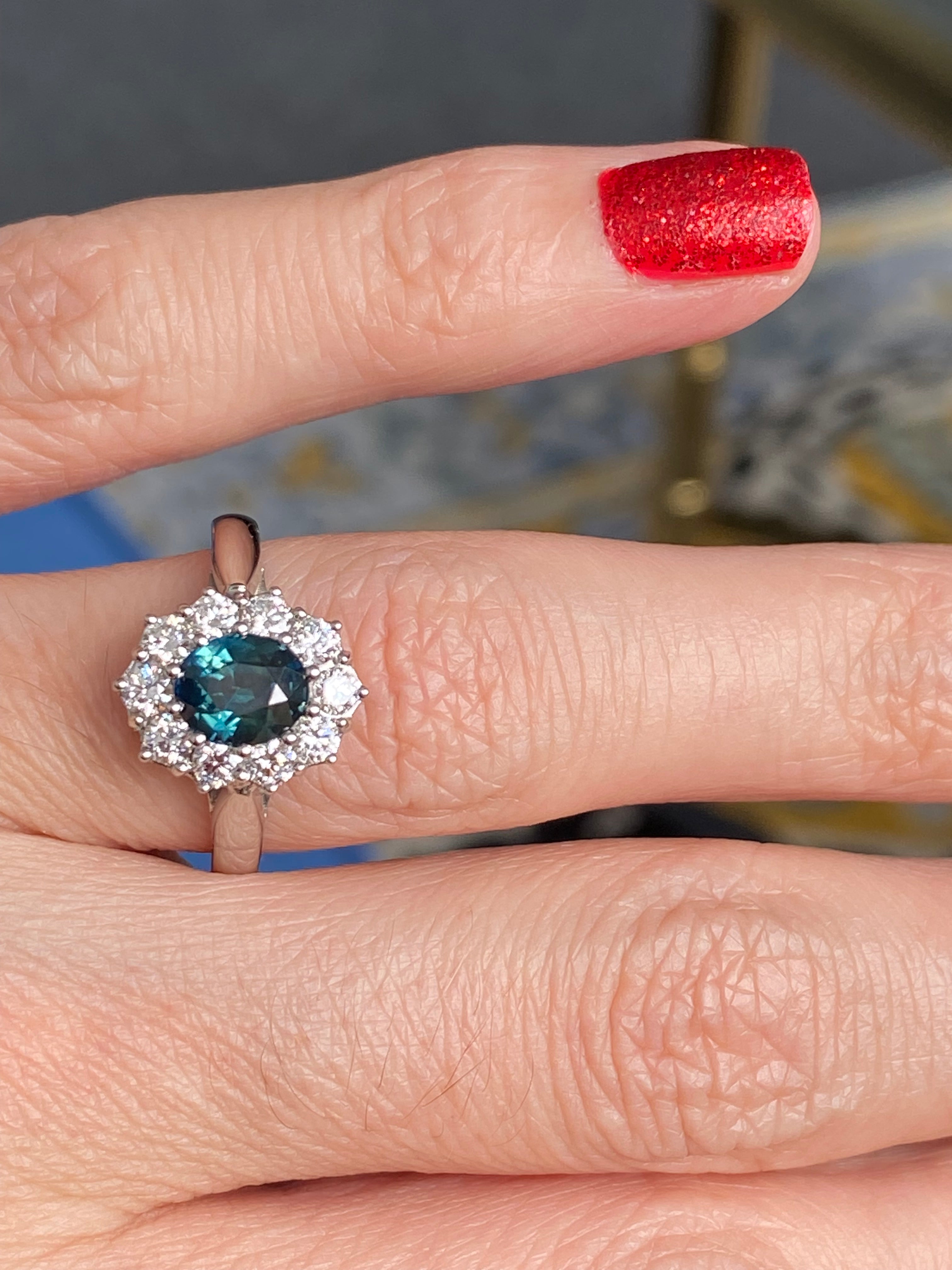 2.18 CTW Oval Cut Teal Sapphire and Natural Diamond Halo Ring in Platinum