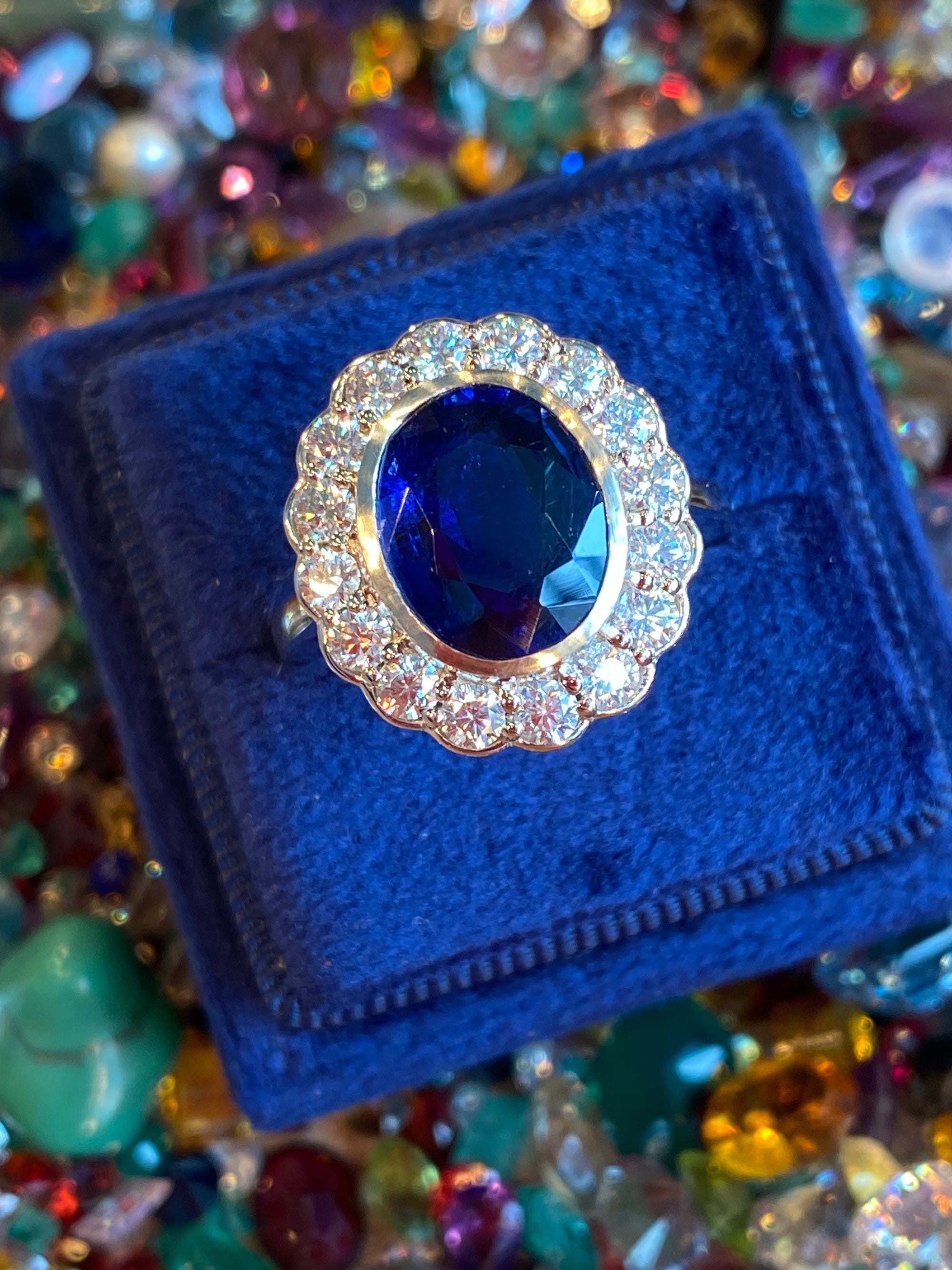 5.40 CTW Oval Cut Kyanite and Moissanite Halo Ring in Sterling Silver