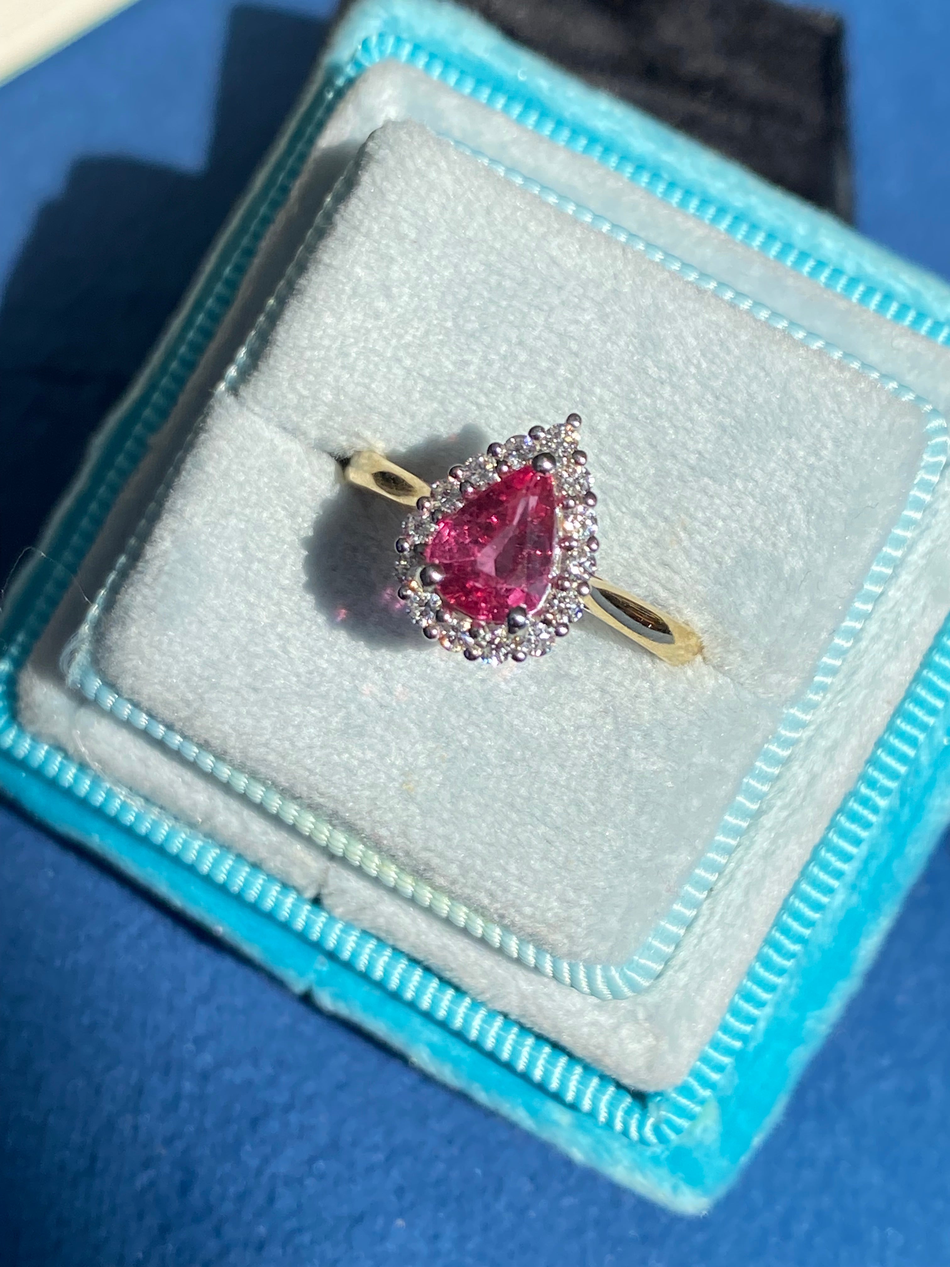 1.28 CTW Pear Cut Ruby and Natural Diamond Ring in Platinum and 18ct Yellow Gold