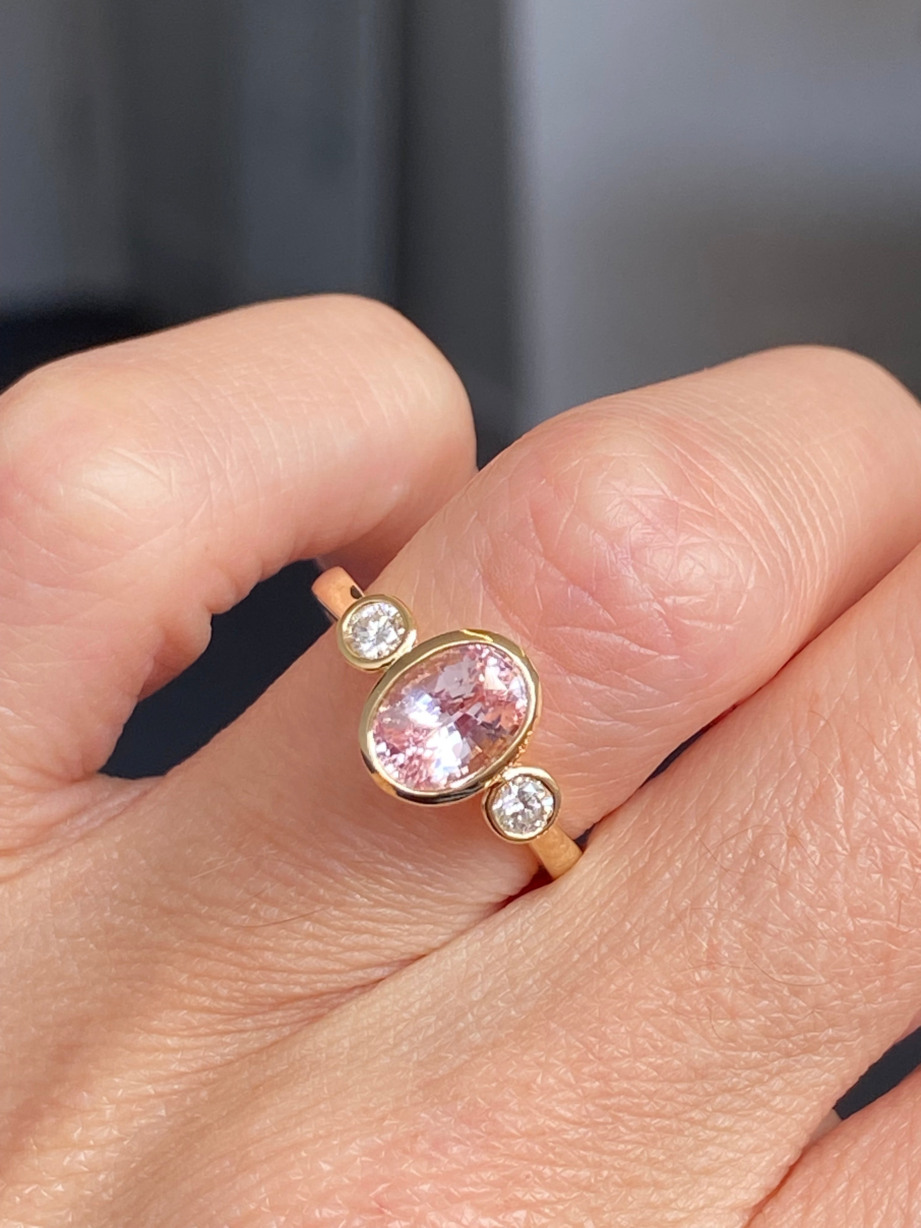 2.02 CTW Peach Sapphire and Natural Diamond Three Stone Ring in 18ct Yellow Gold