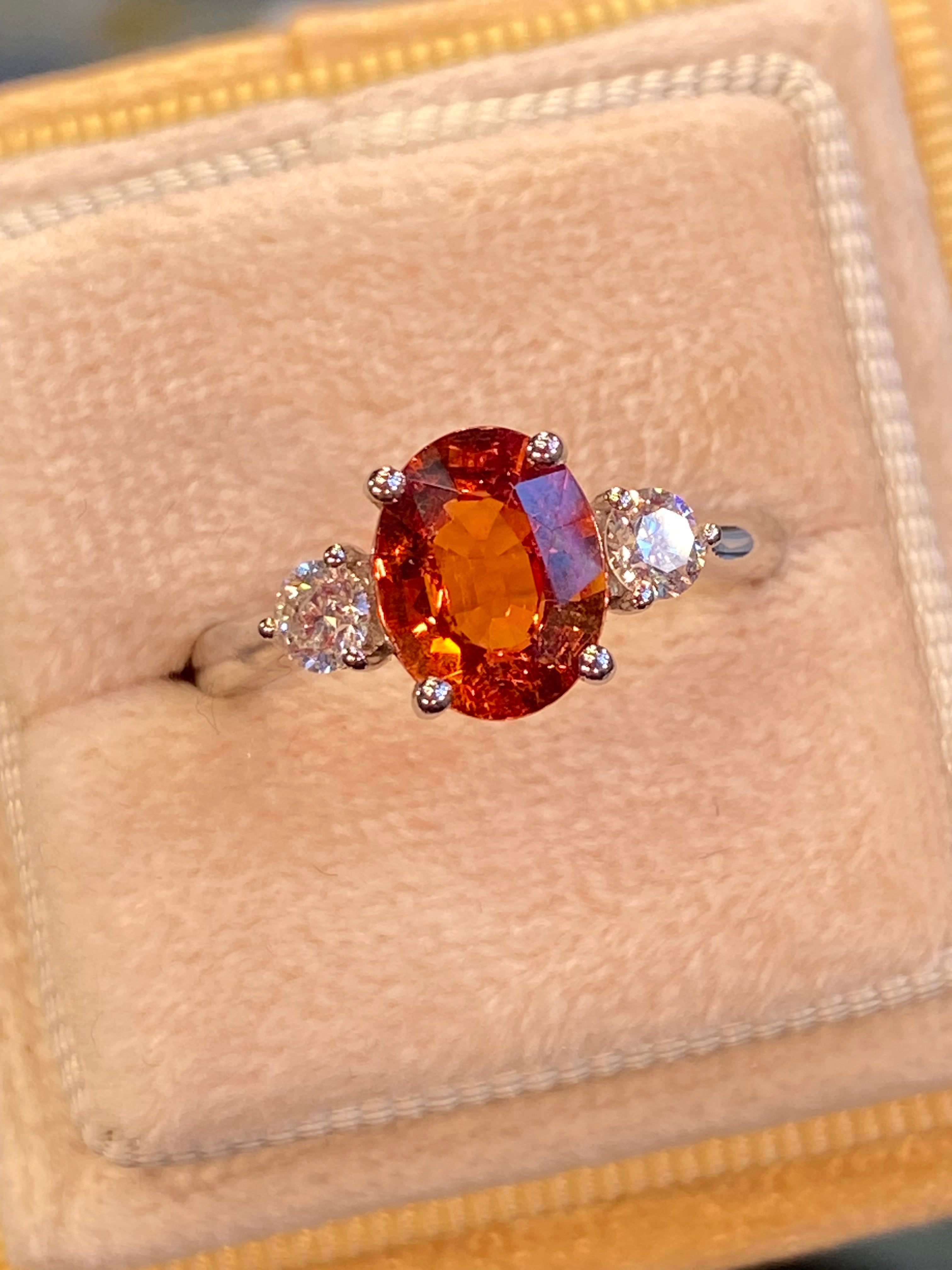 2.42 CTW Mandarin Garnet and Natural Diamond Three Stone Ring in Platinum