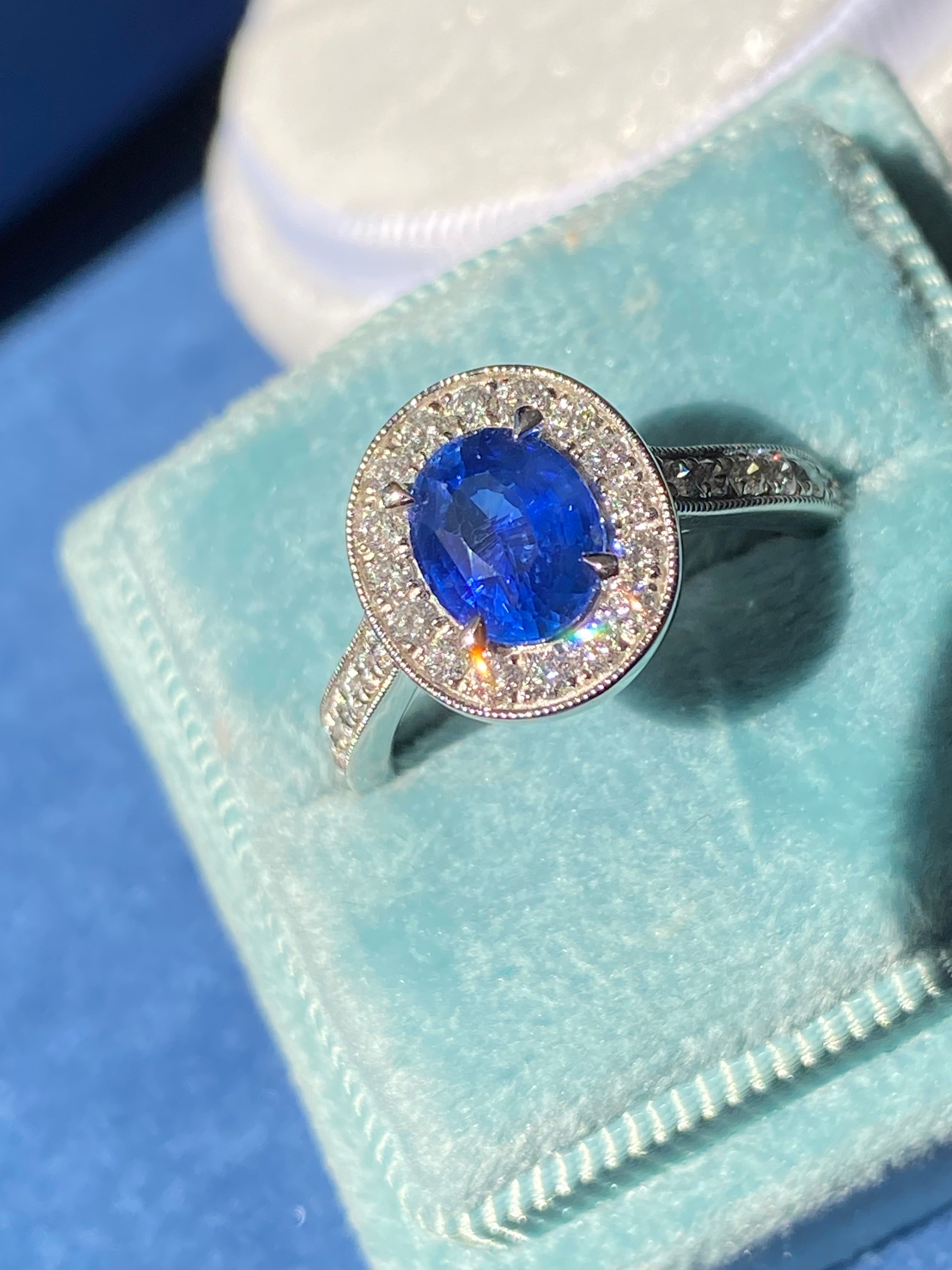 1.98 CTW Blue Ceylon Sapphire and Natural Diamond Halo Ring in Platinum