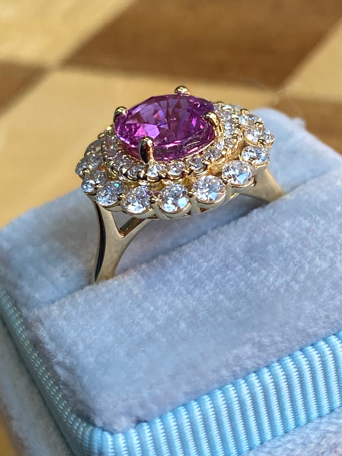 3.45 CTW Round Cut Pink Sapphire and Natural Diamond Halo Engagement Ring in 18ct Yellow Gold