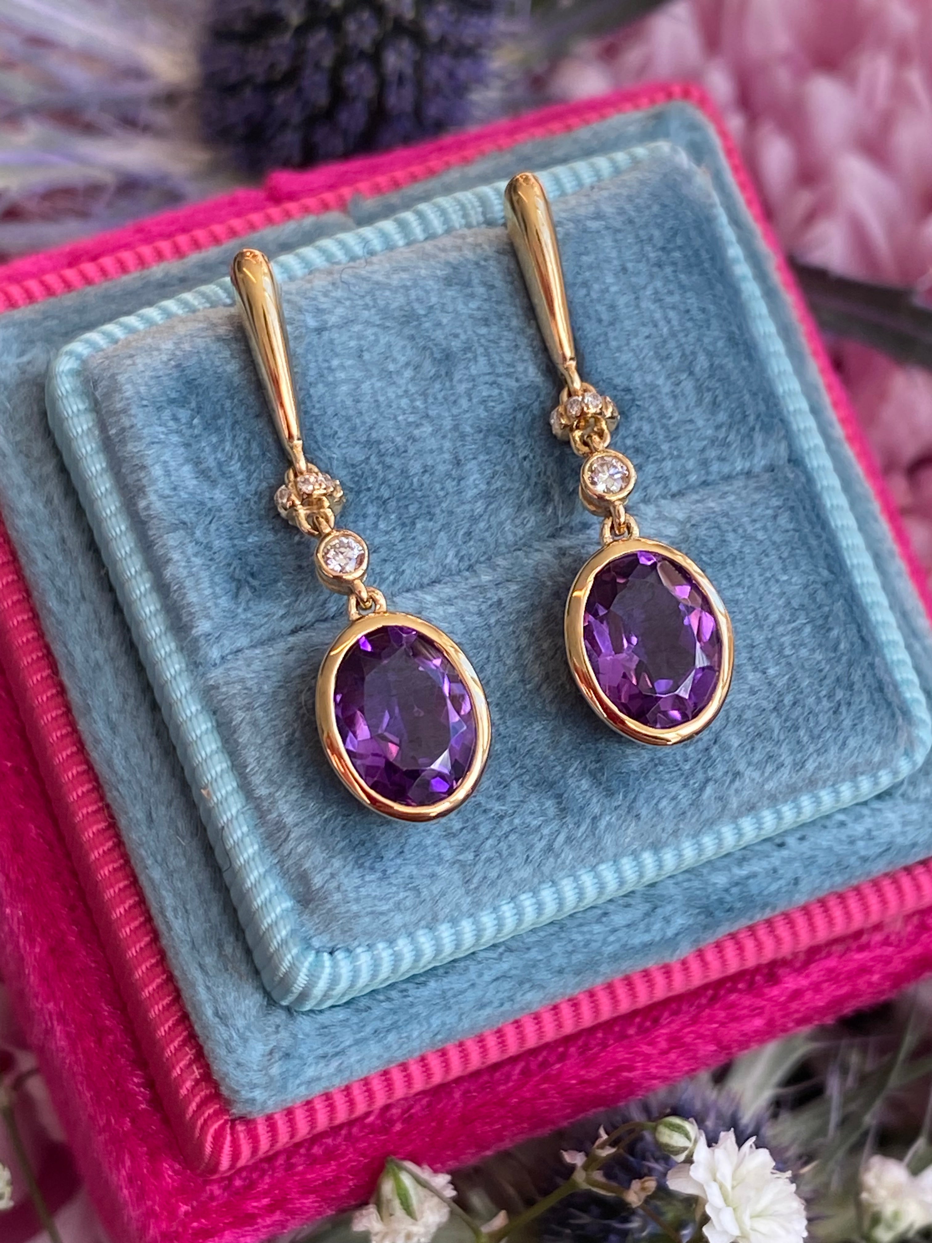 2.47 CTW Amethyst and Diamond Drop Earrings in 18ct Yellow Gold