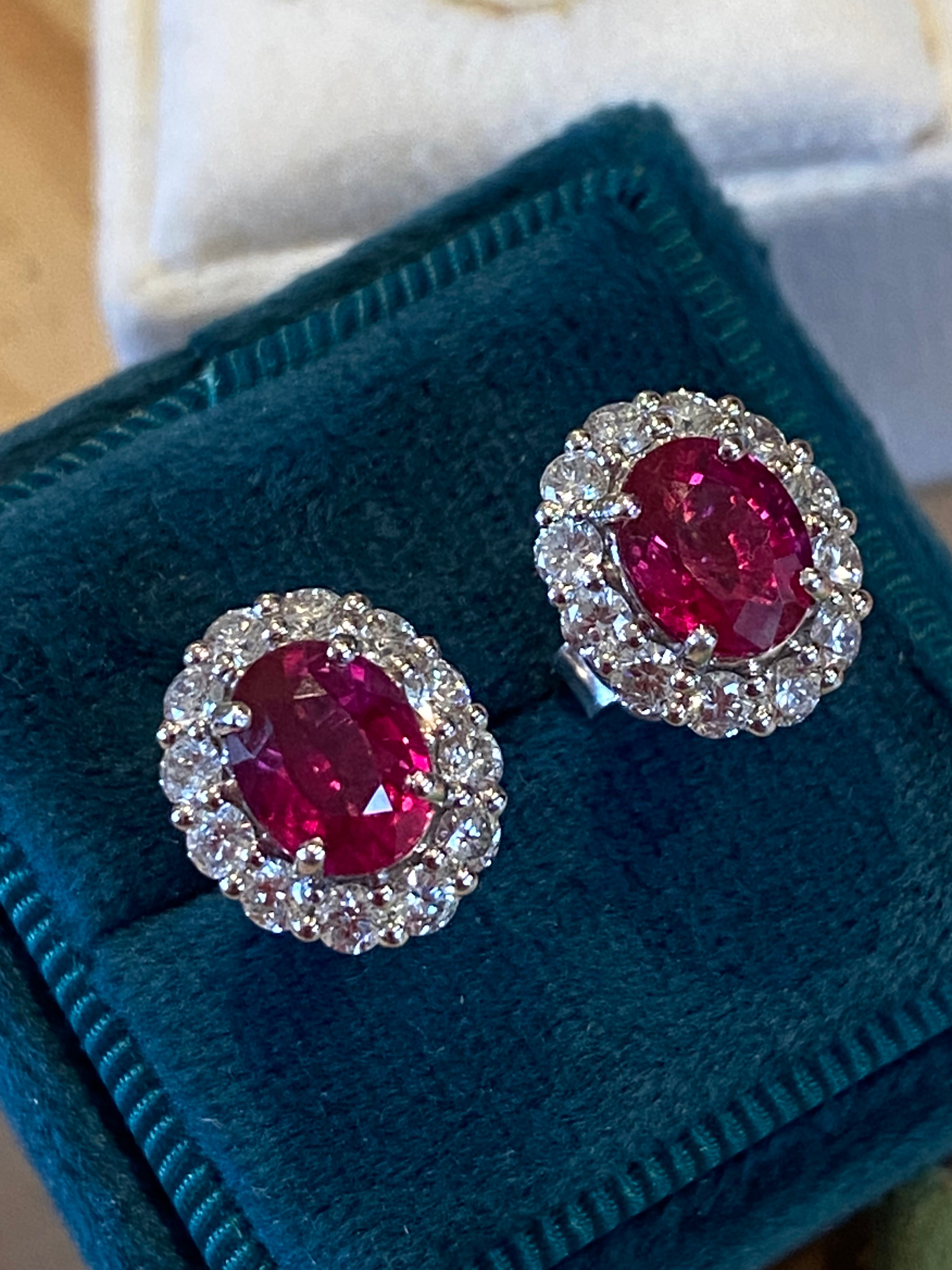 4.27 CTW Certified No Heat Ruby and Natural Diamond Stud Earrings in 18ct White Gold