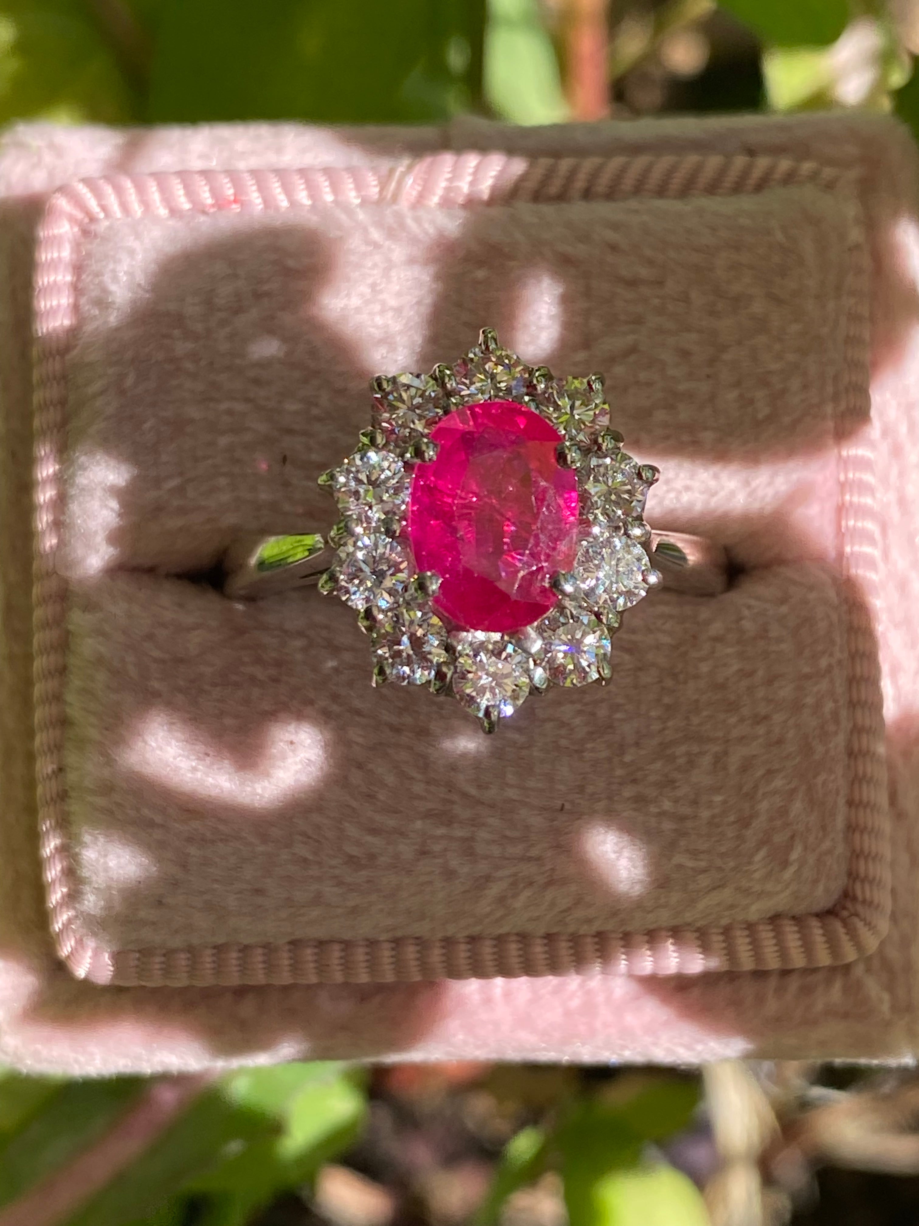 2.08 CTW Oval-Cut Ruby and Natural Diamond Halo Ring in Platinum