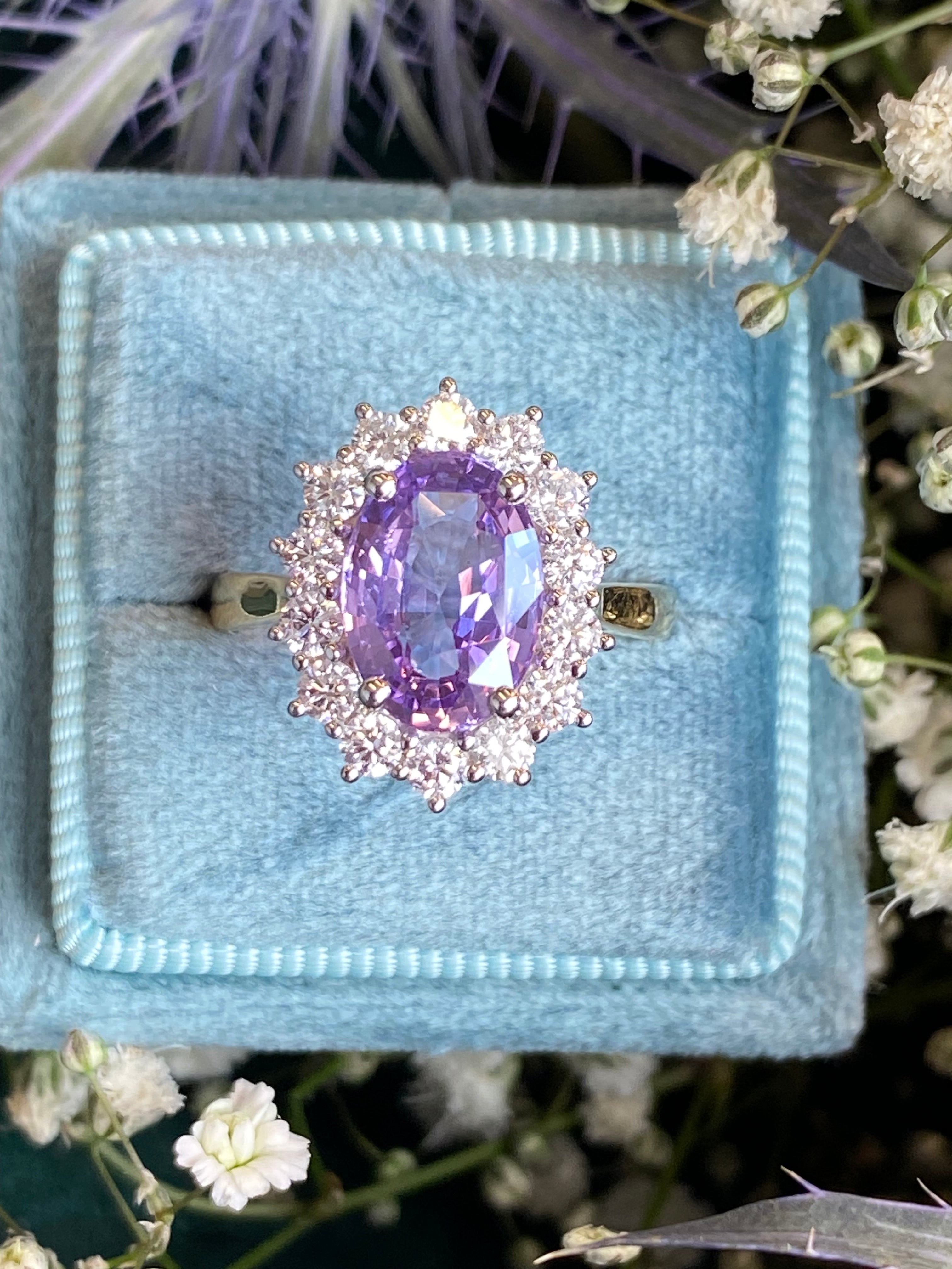 3.52 Carat No Heat Purple Sapphire and Natural Diamond Halo Ring in Platinum and 18ct Yellow Gold